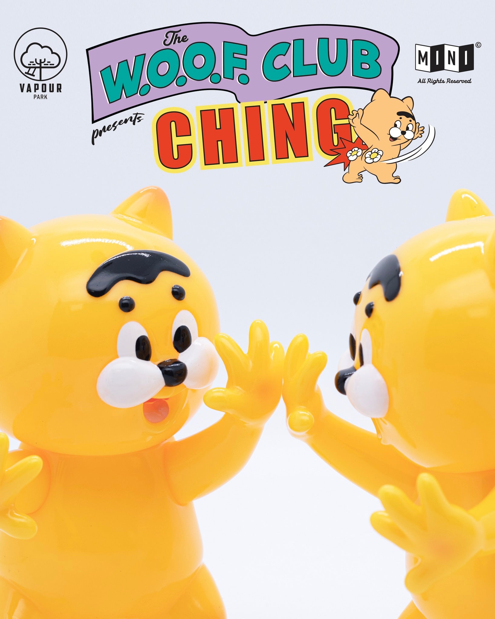Ching by The W.O.O.F. Club: Two glossy cat-like vinyl figures high-fiving, from a designer series collaboration with Vapour Park and MINI.