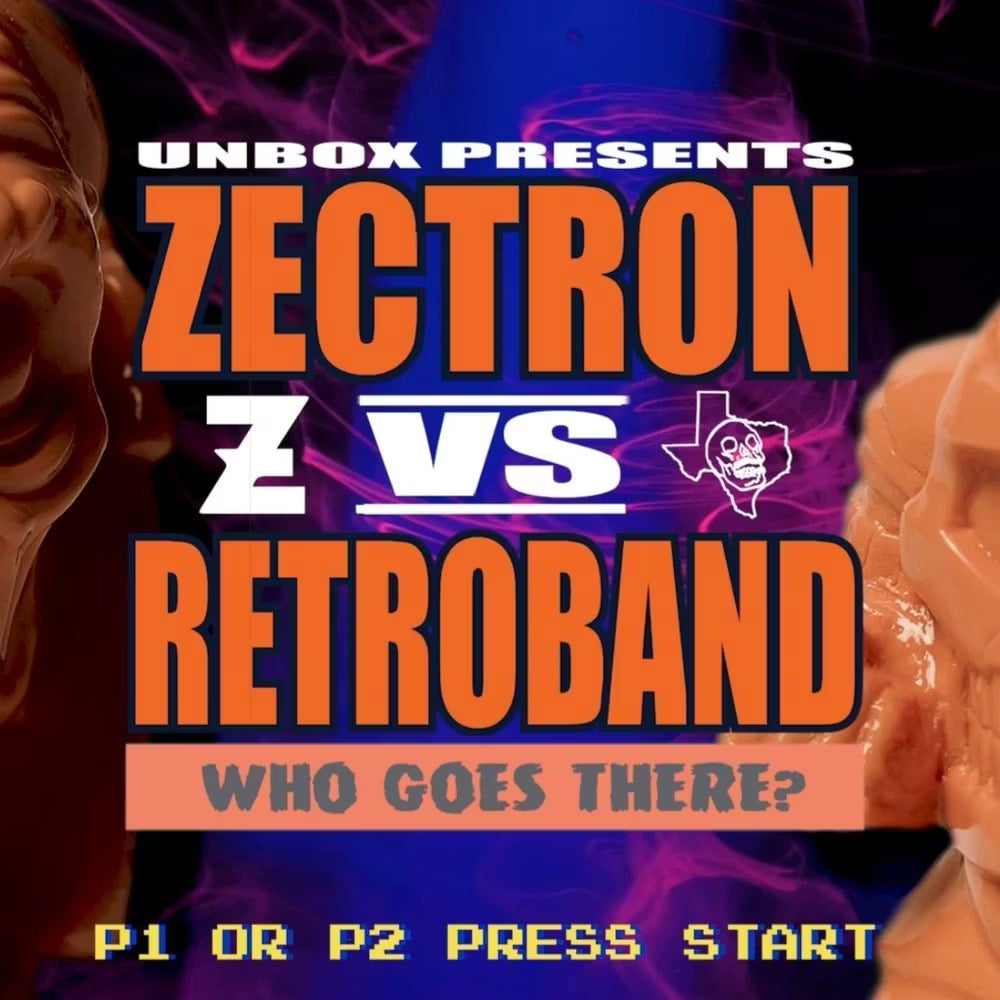 Retroband & Zectron Presents WHO GOES THERE? VERSUS Blind Box Series, featuring bold text and sculpted busts in a stylized, video-game-inspired matchup poster.