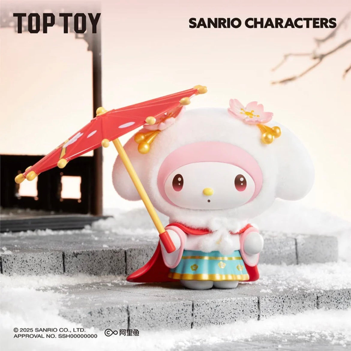 Sanrio Season Clothes Blind Box Series: My Melody-style figure in winter kimono with red parasol on snowy diorama. Preorder; surprise box, part of an 8-piece set.