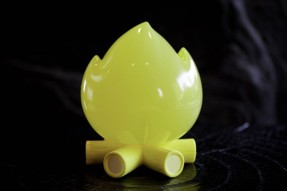 FLAMEY BON - Green Glow by MUPA Toy, a neon-yellow resin campfire model with magnet, available for preorder, estimated to ship by October 2025.