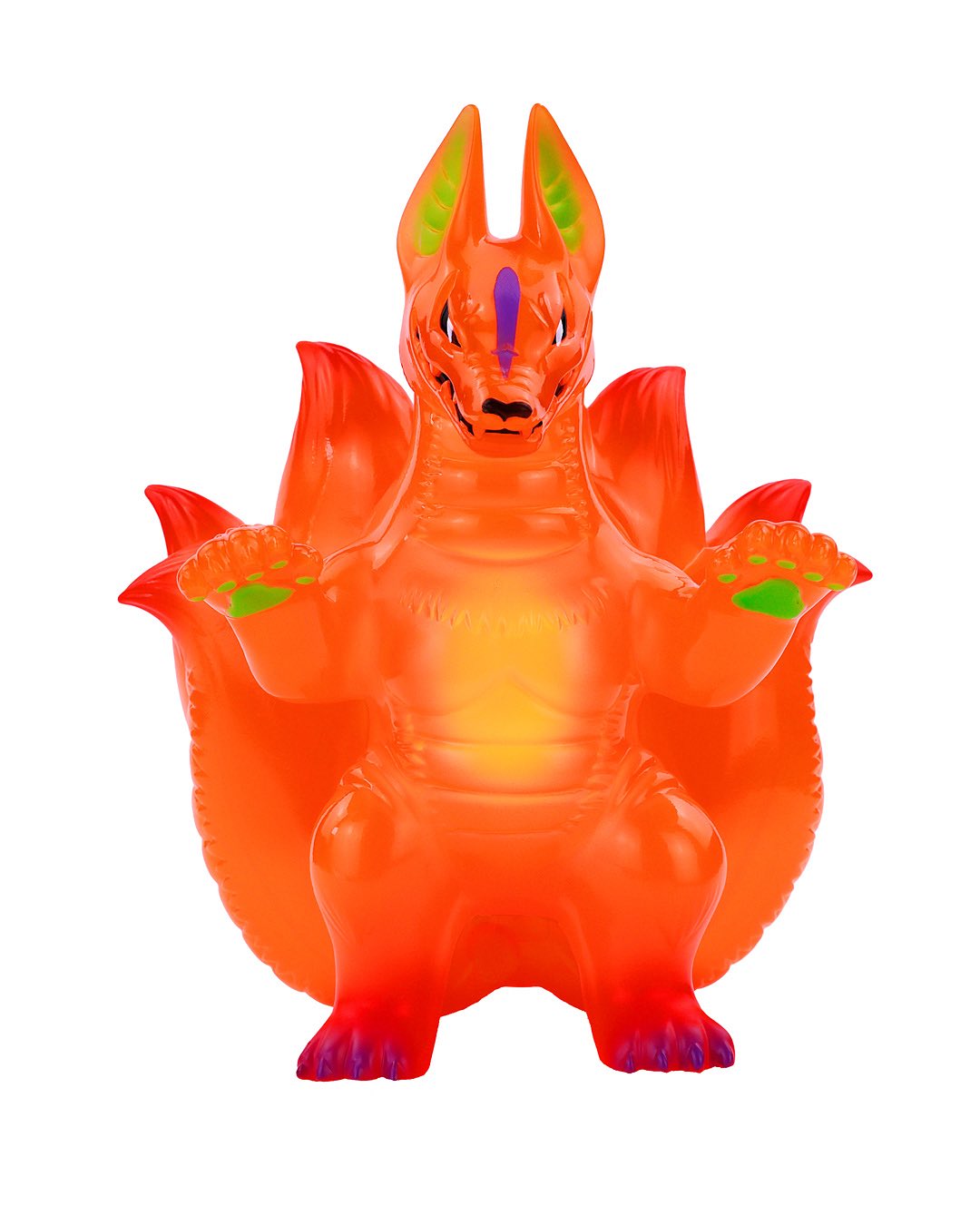 Kyubiros Pumpkin by Konatsu: a 3.5-inch translucent orange fox-like vinyl art toy with neon-green ears, purple snout stripe, and multiple spine-like projections. Preorder now.