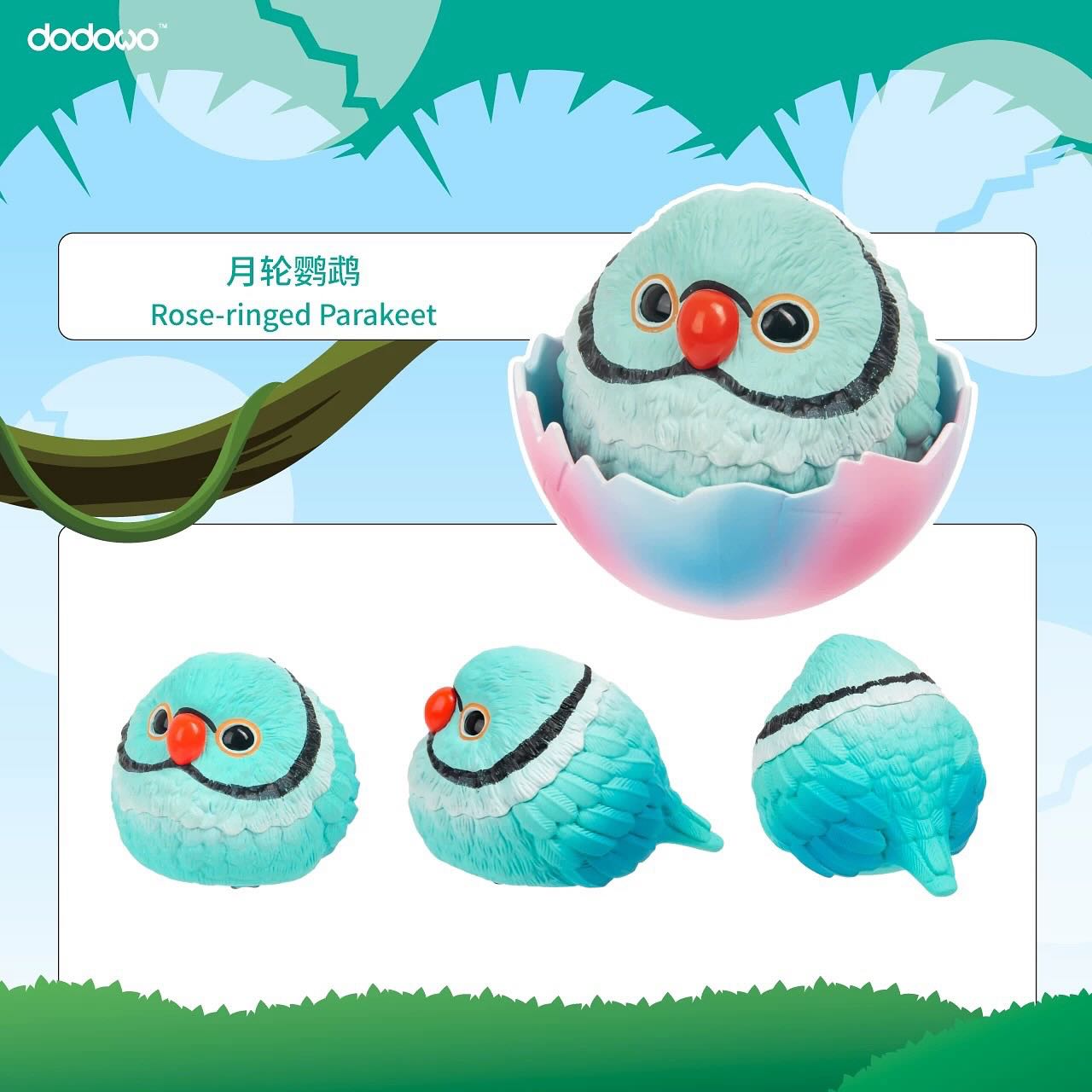 JoJoBirds and Friends 5th-Sprite Island Blind Box Series: Squishy turquoise parakeet with red beak in a pastel egg, showcasing collectible toy elegance.