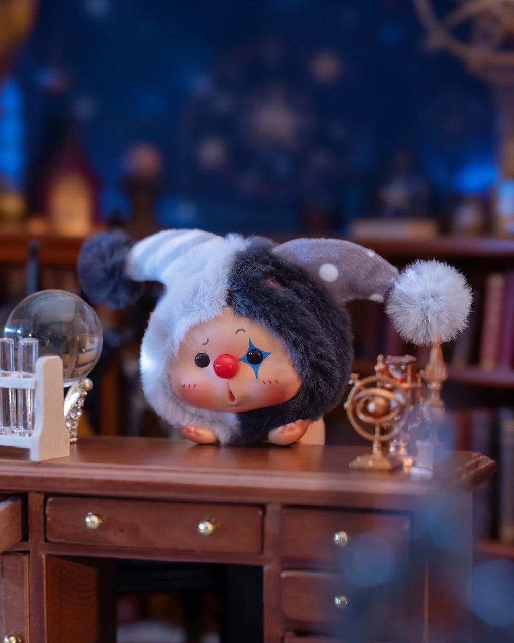 OYO Constellation Story Hipper Series Mini Blind Box figure in playful, alchemist-themed scene with lab items and starry backdrop.