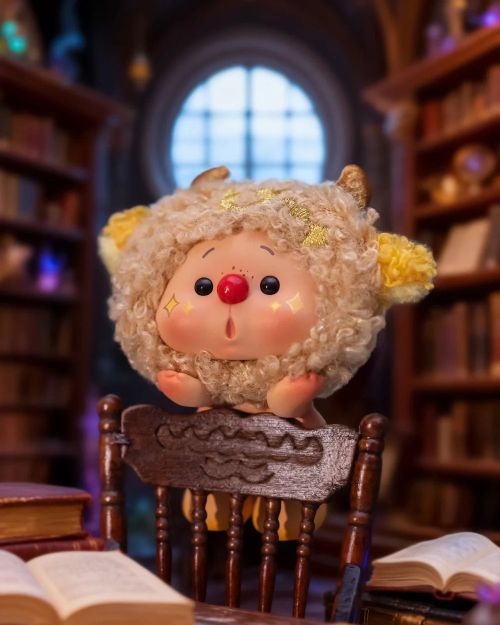 OYO Constellation Story Hipper Series Mini Blind Box figurine, a plush sheep with embroidered stars, on a wooden chair in a cozy library setting.