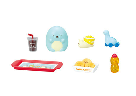 Sumikogurashi Burger Shop Re-ment Blind Box Series featuring diverse toy designs, including a blue penguin and dinosaur on wheels, ideal for collectors.