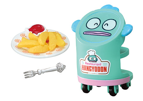 Family Restaurant Hangyodon Re-ment Blind Box Series toy cart includes a Hangyodon-themed cart, fries with ketchup, and a toy fork.