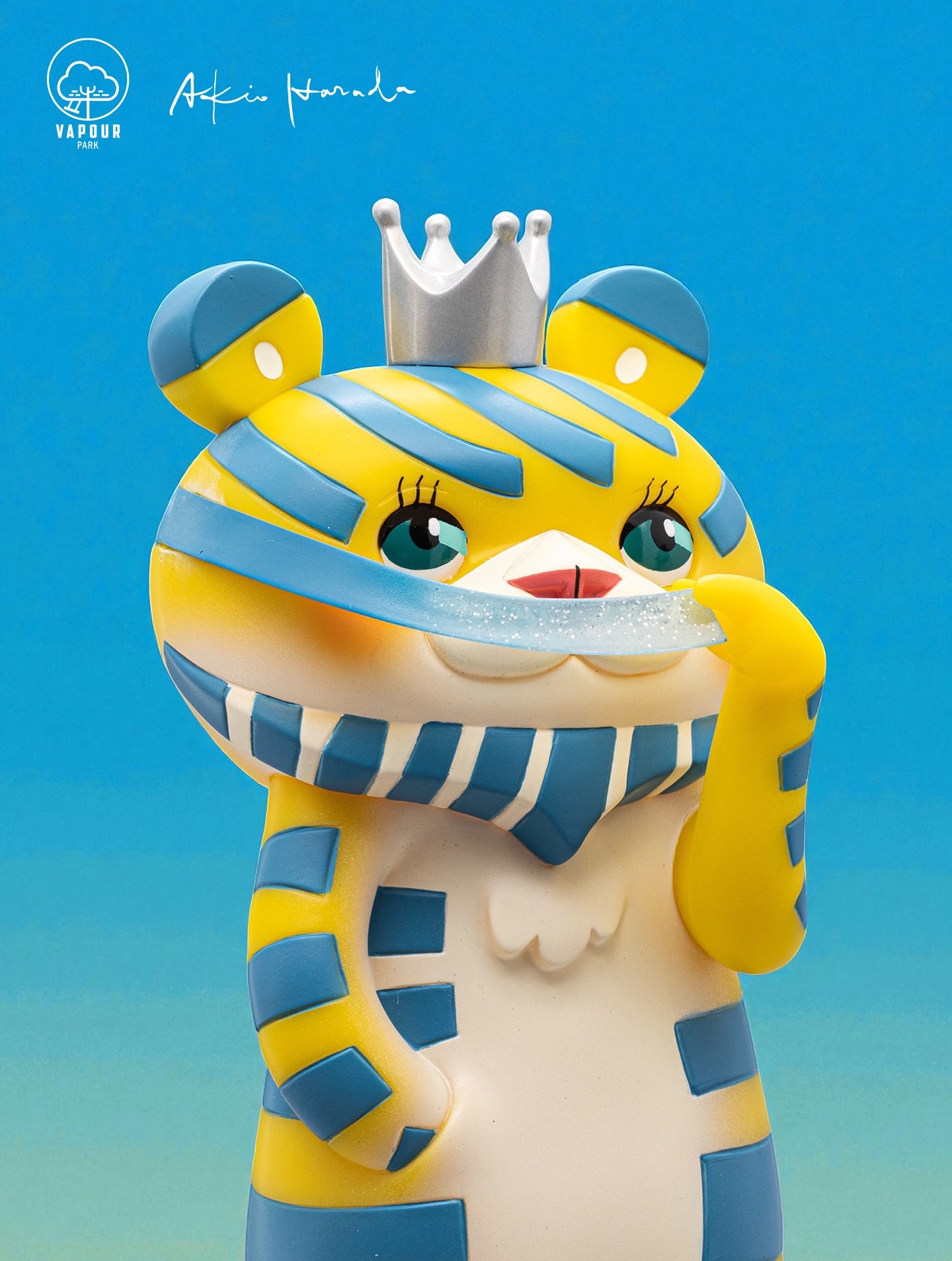 Bearded Tiger 6th Colorway by Akio Harada & Vapourpark, a 15cm soft vinyl art toy with a crown, preorder from Strangecat Toys.