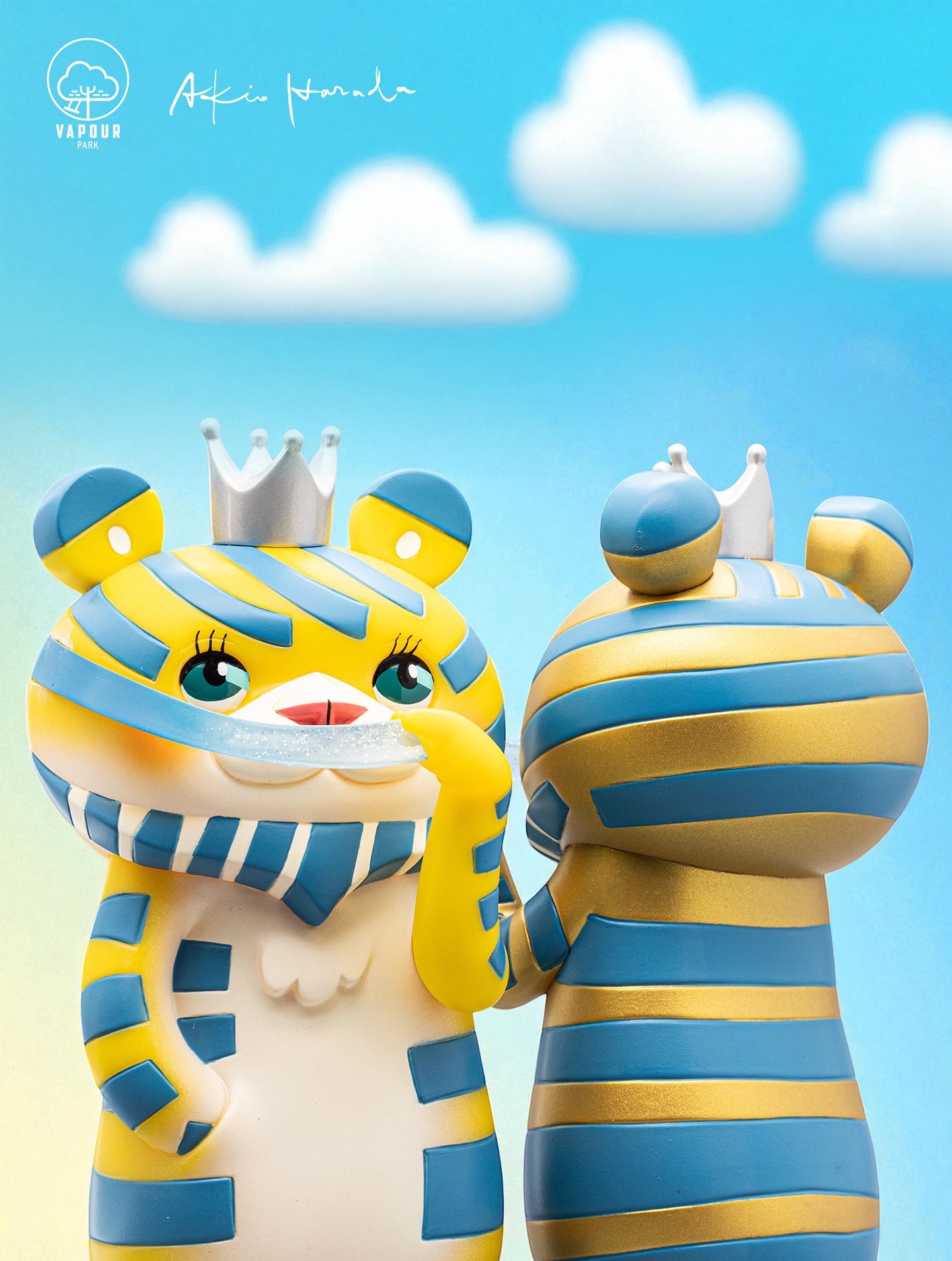Bearded Tiger 6th Colorway by Akio Harada & Vapourpark, featuring two stylized tiger figures with crowns, highlighting preorder for soft vinyl art toys.