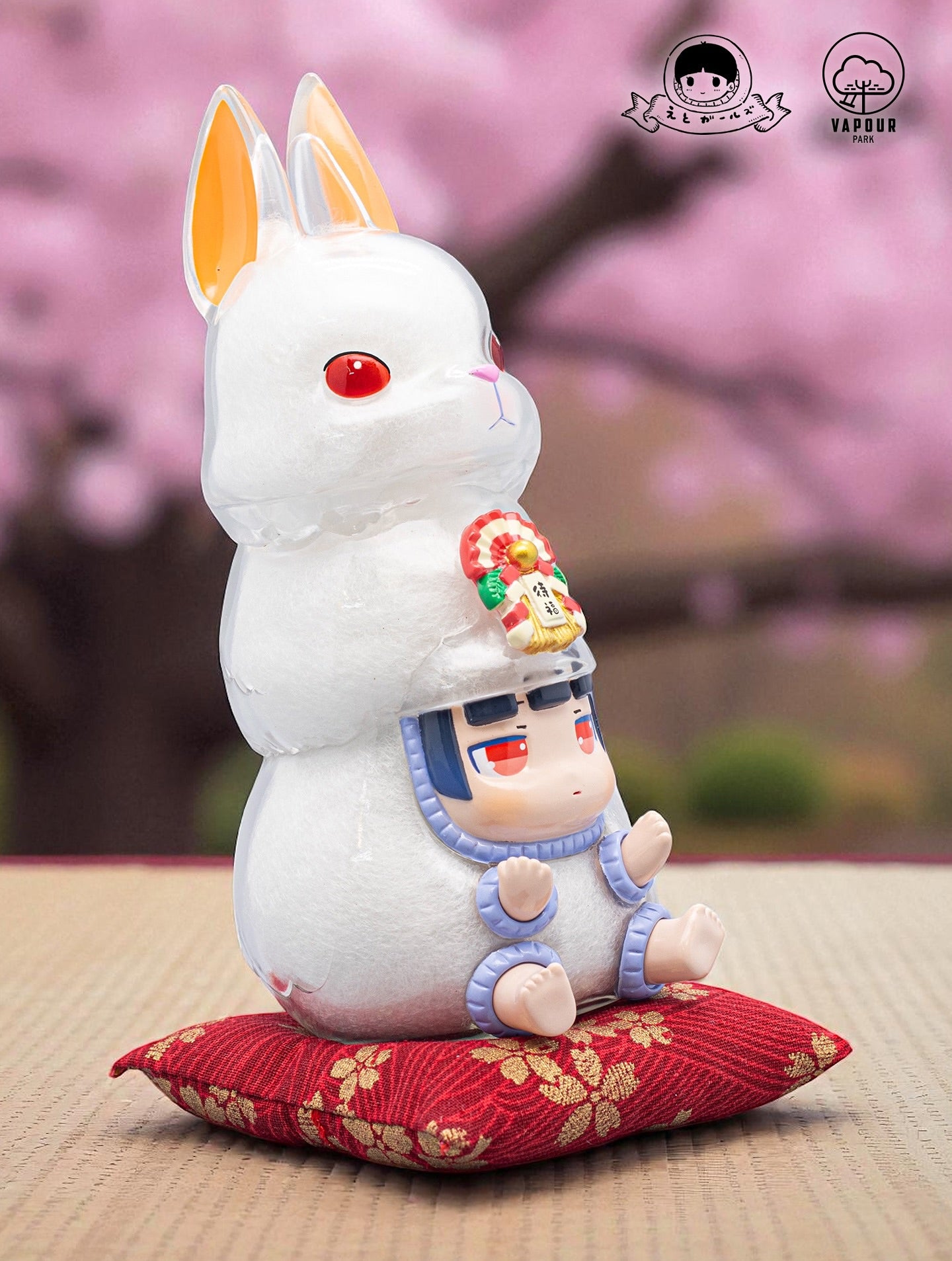 Kigurumi Bunny by Ebimomo & Vapourpark, a 15cm collectible vinyl figure styled as a Kagami-mochi rabbit with a chibi character, available for preorder.
