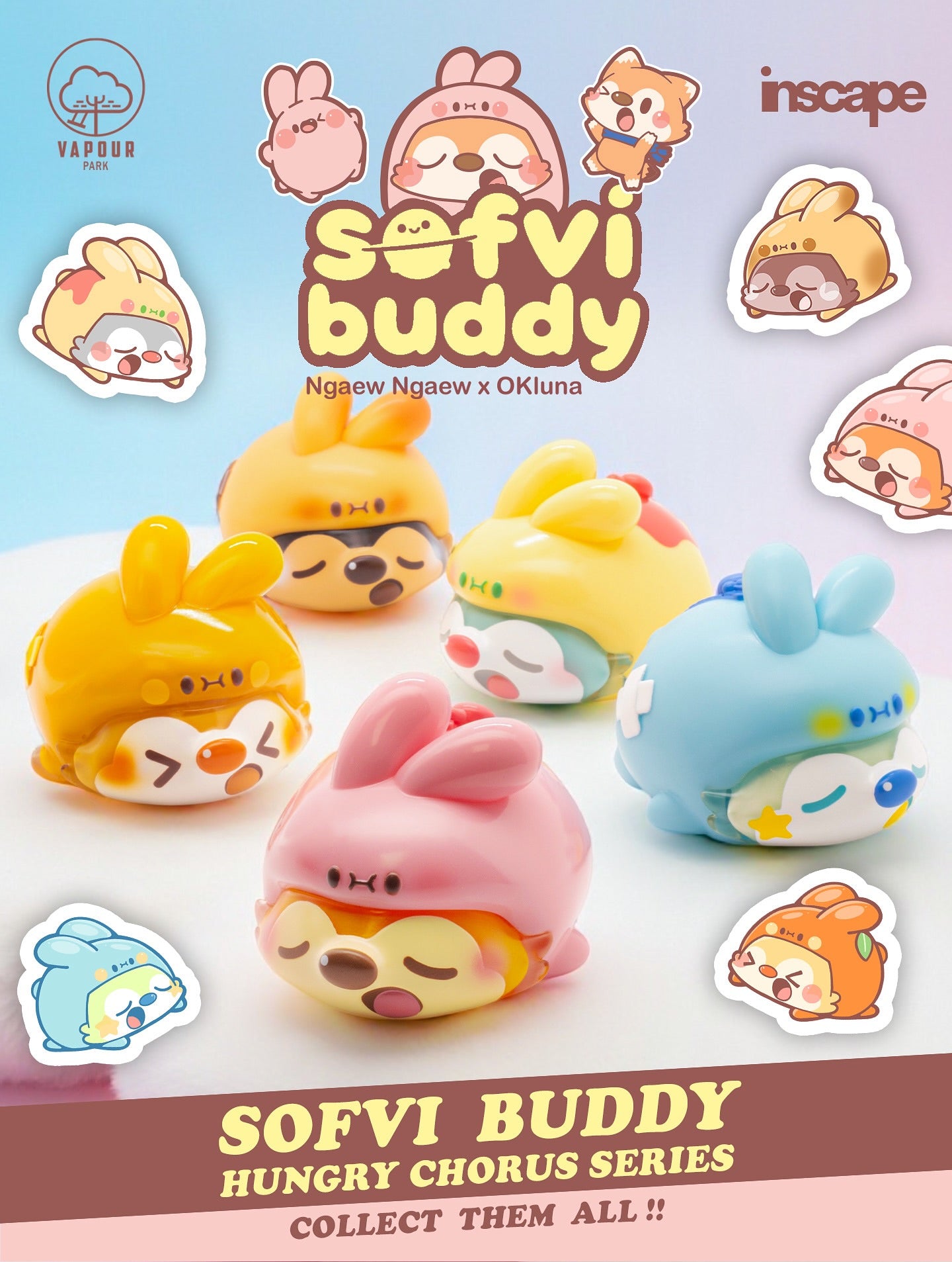 Sofvi Buddy Blind Bag by Ngaew X OKluna - Preorder. Features five pastel animal figures in bunny hats. Ideal for collectors, ships end of Q4 2025.