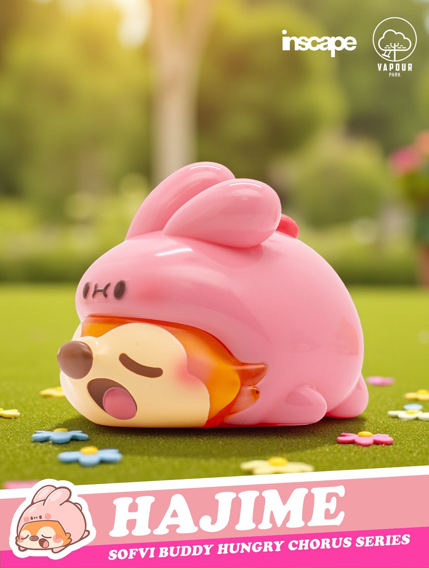 SOFVI BUDDY Blind Bag by Ngaew X OKluna - Preorder: A chubby animal figure in a pink bunny costume, on a green surface with pastel flowers.