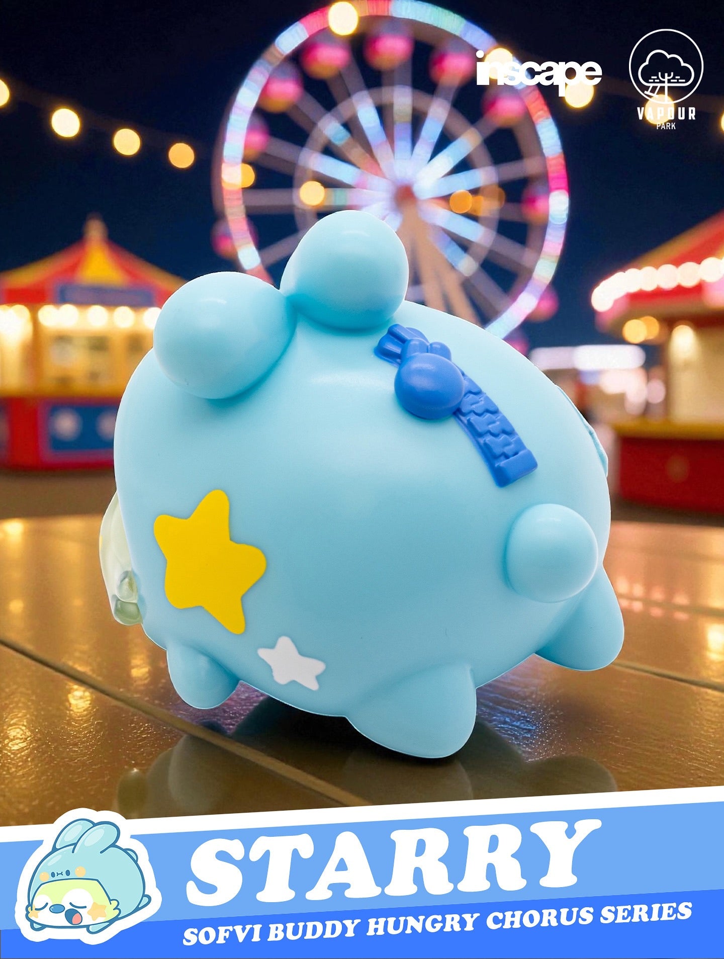 SOFVI BUDDY Blind Bag by Ngaew X OKluna - Preorder; a sky-blue, bunny-like vinyl figure with star decals, displayed against a softly-focused carnival backdrop.