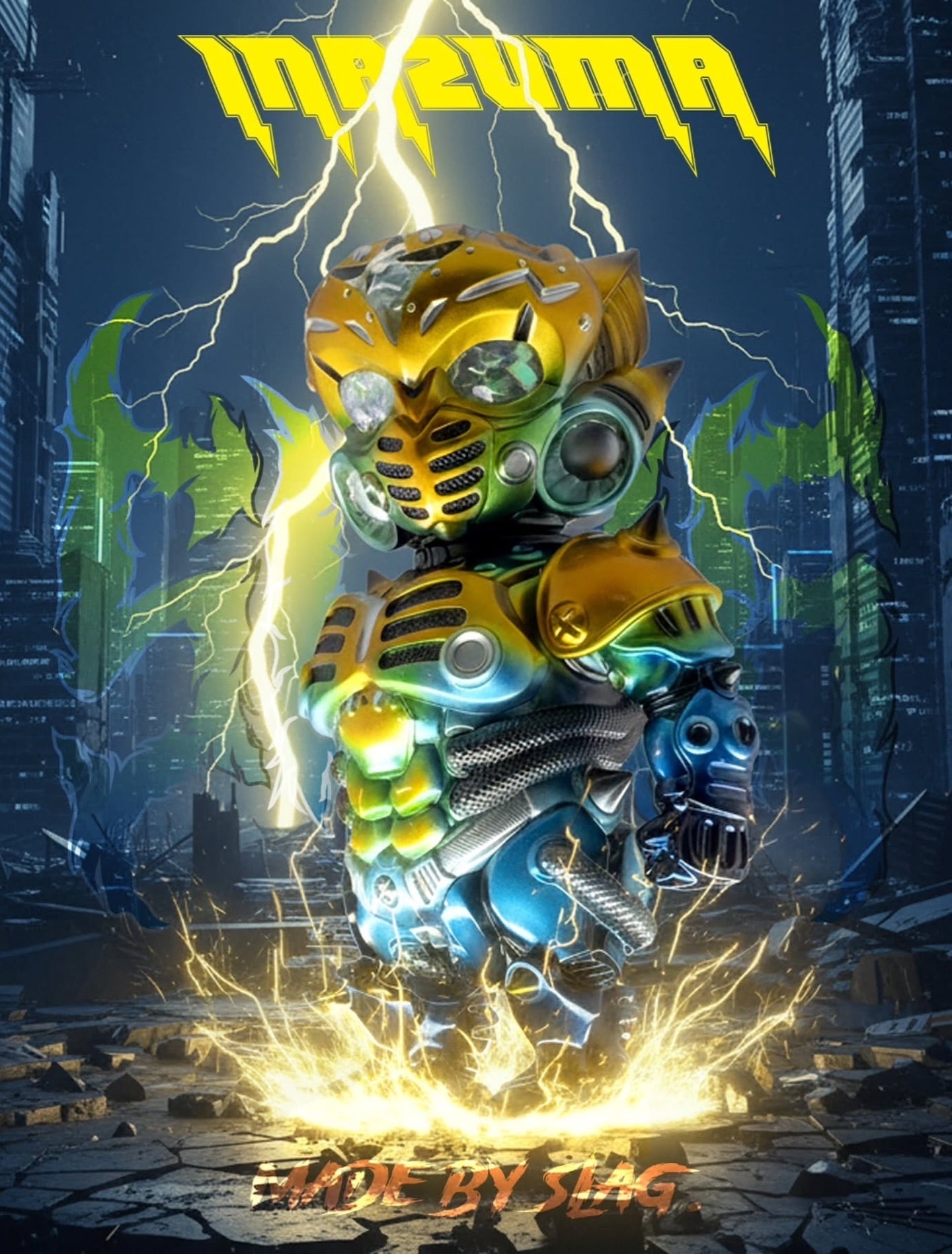 RANAROK - The Legendary FANG Commander: INAZUMA by SLAG. Preorder this 12.7cm soft vinyl figure, featuring a futuristic mech-suit in a dystopian cityscape.