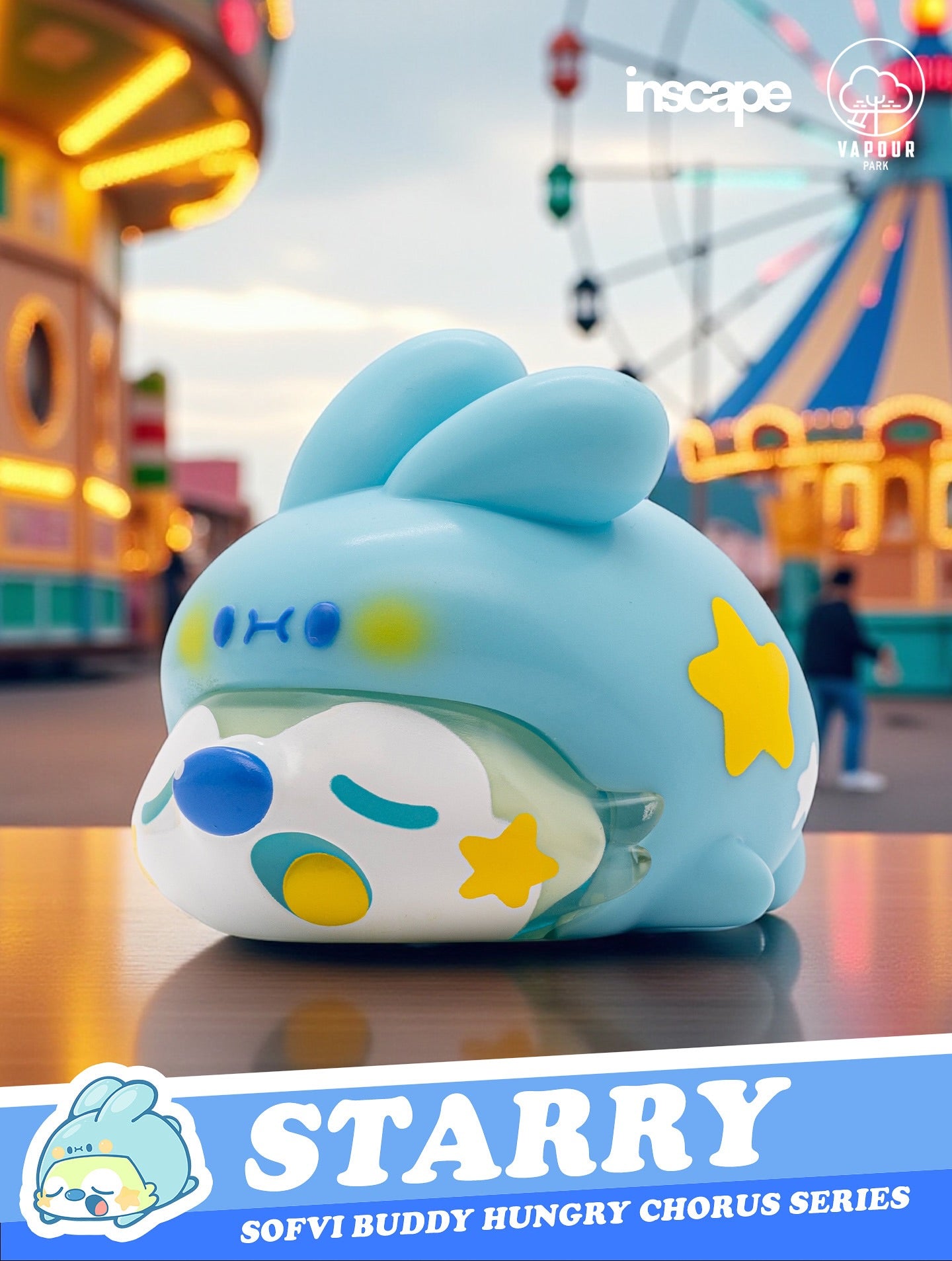 SOFVI BUDDY Blind Bag by Ngaew X OKluna - Preorder: Pastel-blue rabbit figure with closed eyes, star motifs, on smooth surface, carnival backdrop. Estimated Q4 2025 shipment.