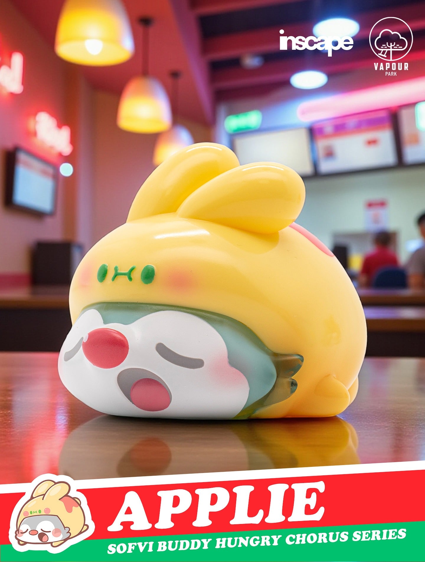 SOFVI BUDDY Blind Bag by Ngaew X OKluna features a chibi APPLIE toy with bunny ears and apple shell, displayed in a neon café setting. Preorder now.