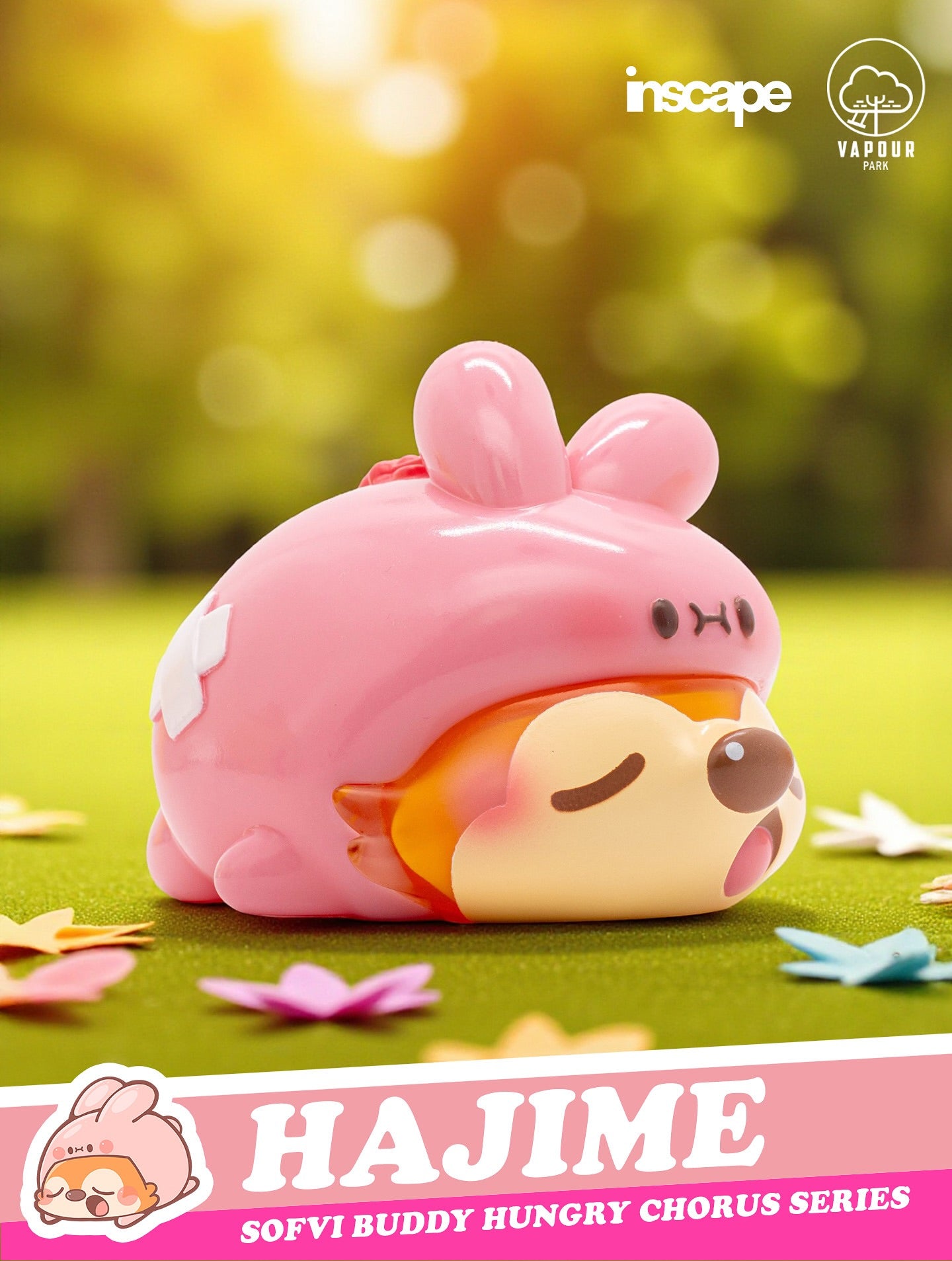 SOFVI BUDDY Blind Bag by Ngaew X OKluna - Preorder: Sleeping figure in pink rabbit hood, lying on grass, part of the Hungry Chorus collectible series.