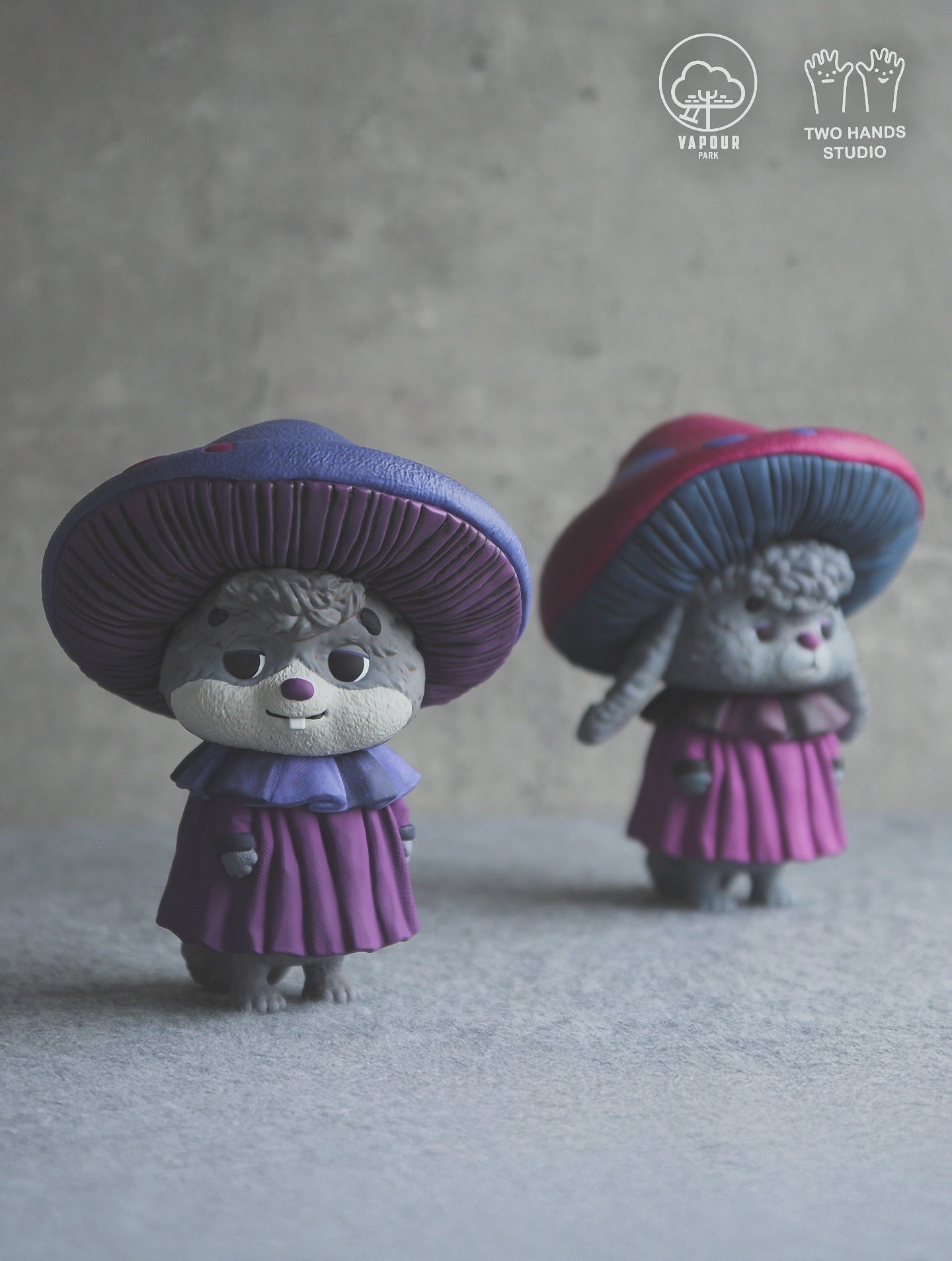 Mushroom Chipmunk Violet Edition figurines by Vapour Park X Two Hands Studio, featuring vinyl art toys with mushroom hats and ruffled dresses, available for preorder.