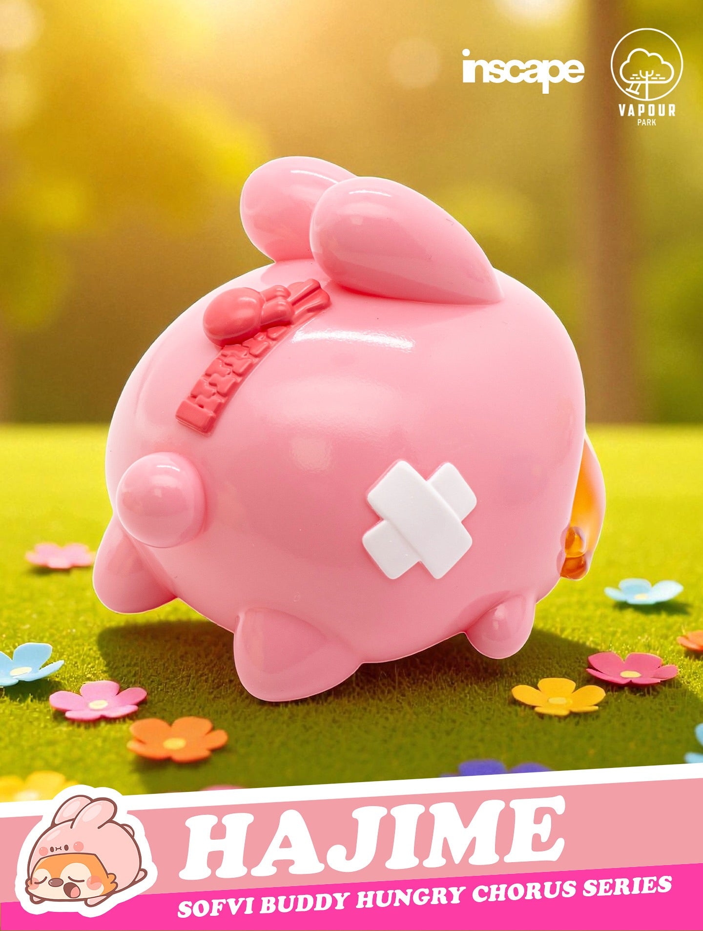 Hajime sofvi figure with bunny ears and zipper detail, part of Sofvi Buddy series by Inscape × Vapour Park, on faux grass. Preorder for Q4 2025.
