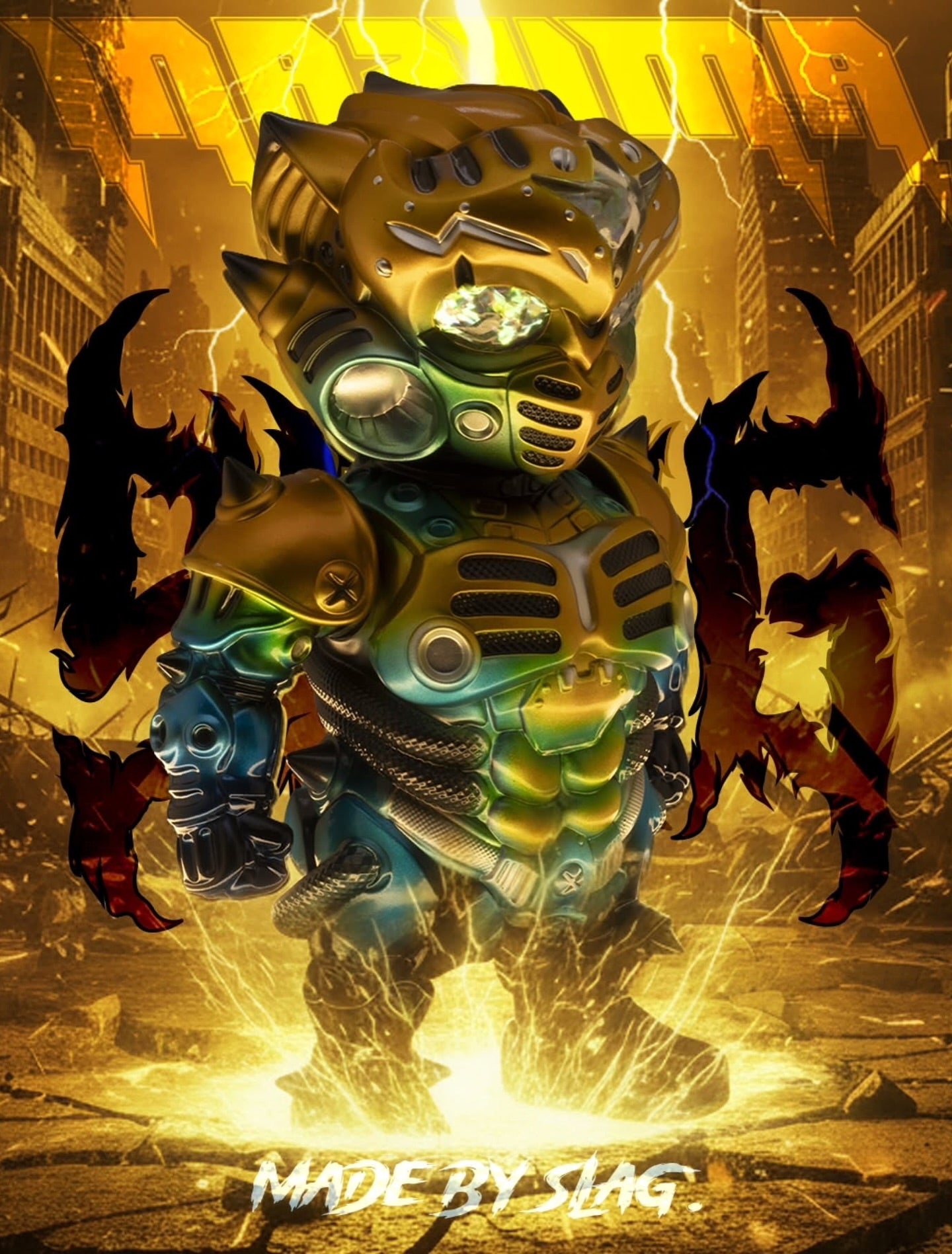 RANAROK - The Legendary FANG Commander: INAZUMA by SLAG, a chibi mech in gold-green armor, preorder now for Q4 2025 shipment.