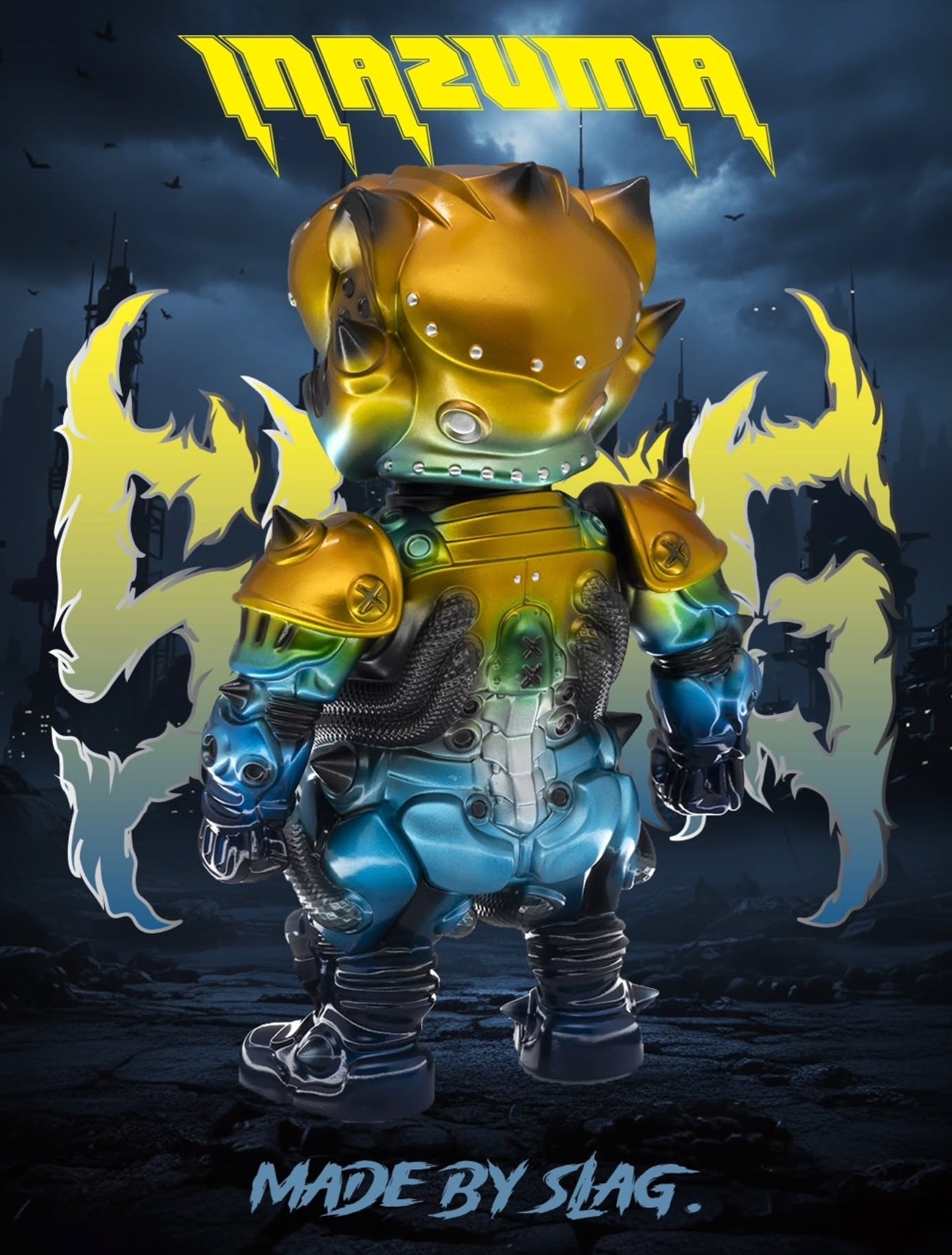 RANAROK - The Legendary FANG Commander: INAZUMA by SLAG. Metallic mech figure with spikes and cables, set against a futuristic cityscape. Preorder for Q4 2025 release.