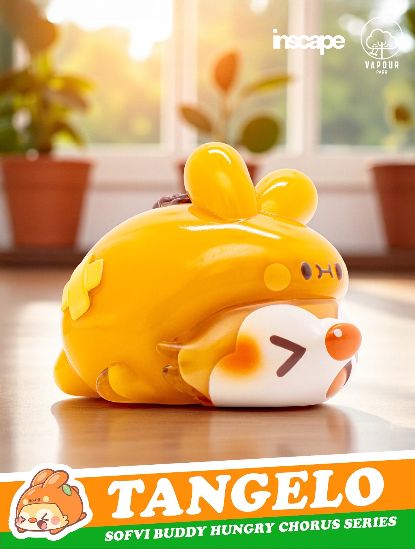 SOFVI BUDDY Blind Bag by Ngaew X OKluna - Preorder: Glossy orange vinyl figure with bunny ears, holding a tiny critter, on a wooden surface.