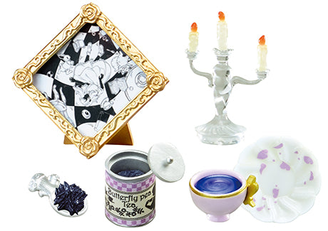 Wonderland Tea Party Mysterious Country Tea Party Re-ment Blind Box Series, featuring a jar of tea, candle holder, and picture frame, perfect for collectors.
