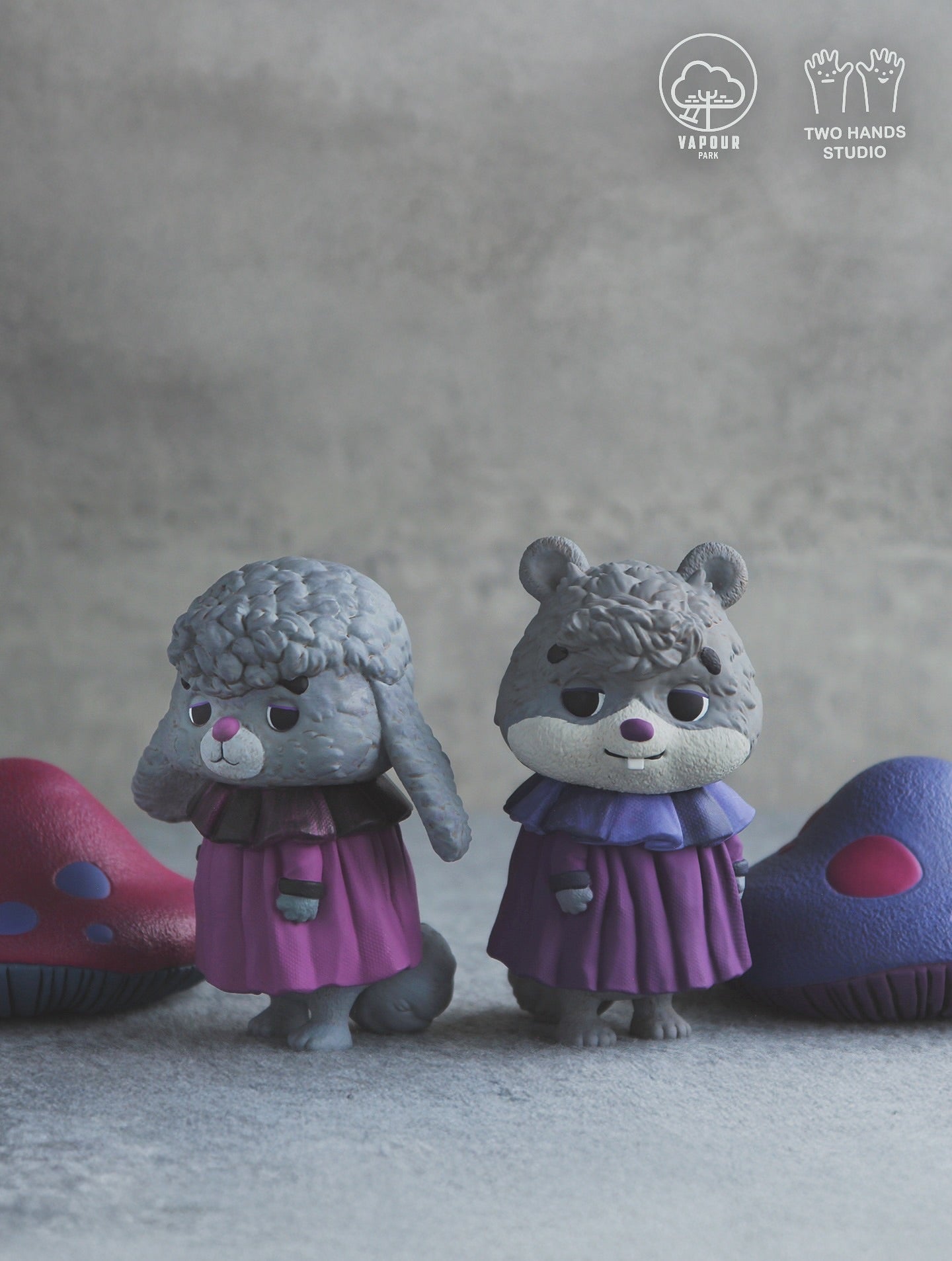 Mushroom Chipmunk Violet Edition by Vapour Park X Two Hands Studio: Stylized vinyl figures, grey animal characters in purple dresses, with abstract mushroom shapes. Preorder available.