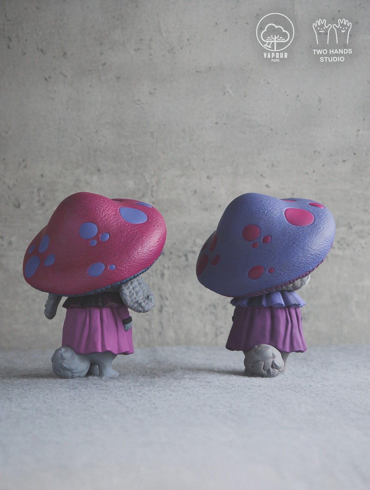 Mushroom Chipmunk Violet Edition figurines by Vapour Park X Two Hands Studio, featuring animal figures with mushroom caps, available for preorder from Strangecat Toys.