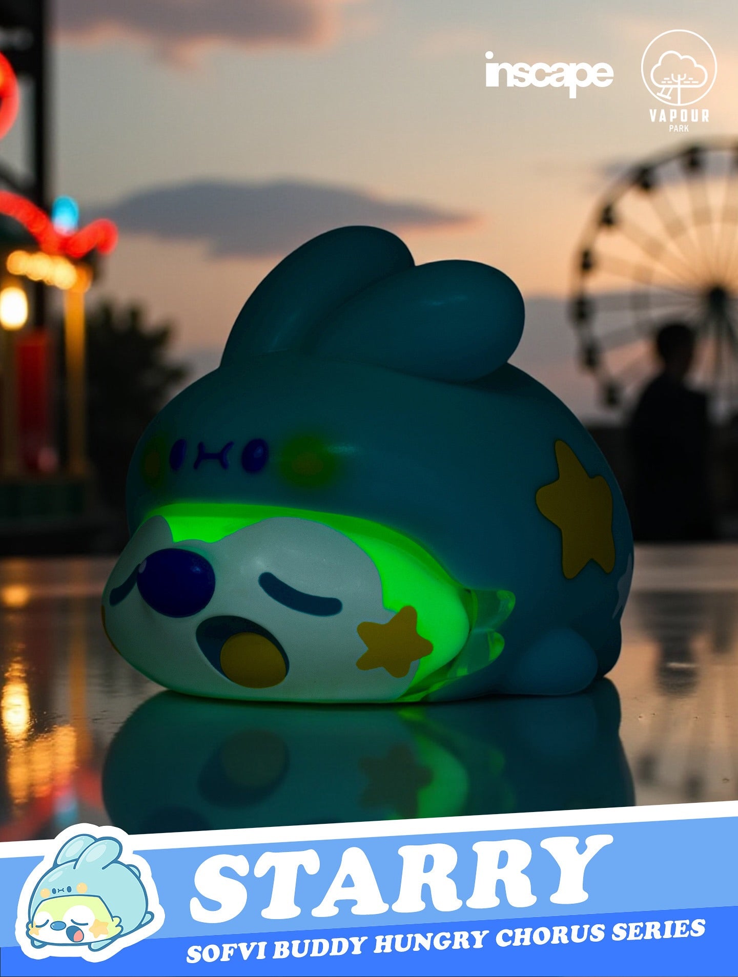 SOFVI BUDDY Blind Bag by Ngaew X OKluna - Preorder: A glowing chubby bunny-like vinyl figure with star decals, set against an amusement park backdrop.