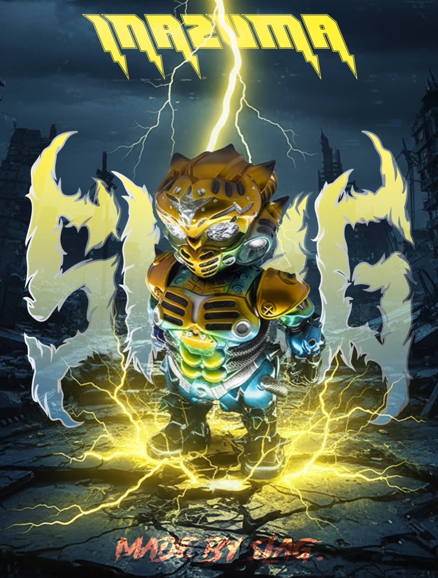 RANAROK - The Legendary FANG Commander: INAZUMA by SLAG. Chibi armored figure on cracked ground with lightning, post-apocalyptic backdrop. Preorder for 12.7cm soft vinyl art toy.