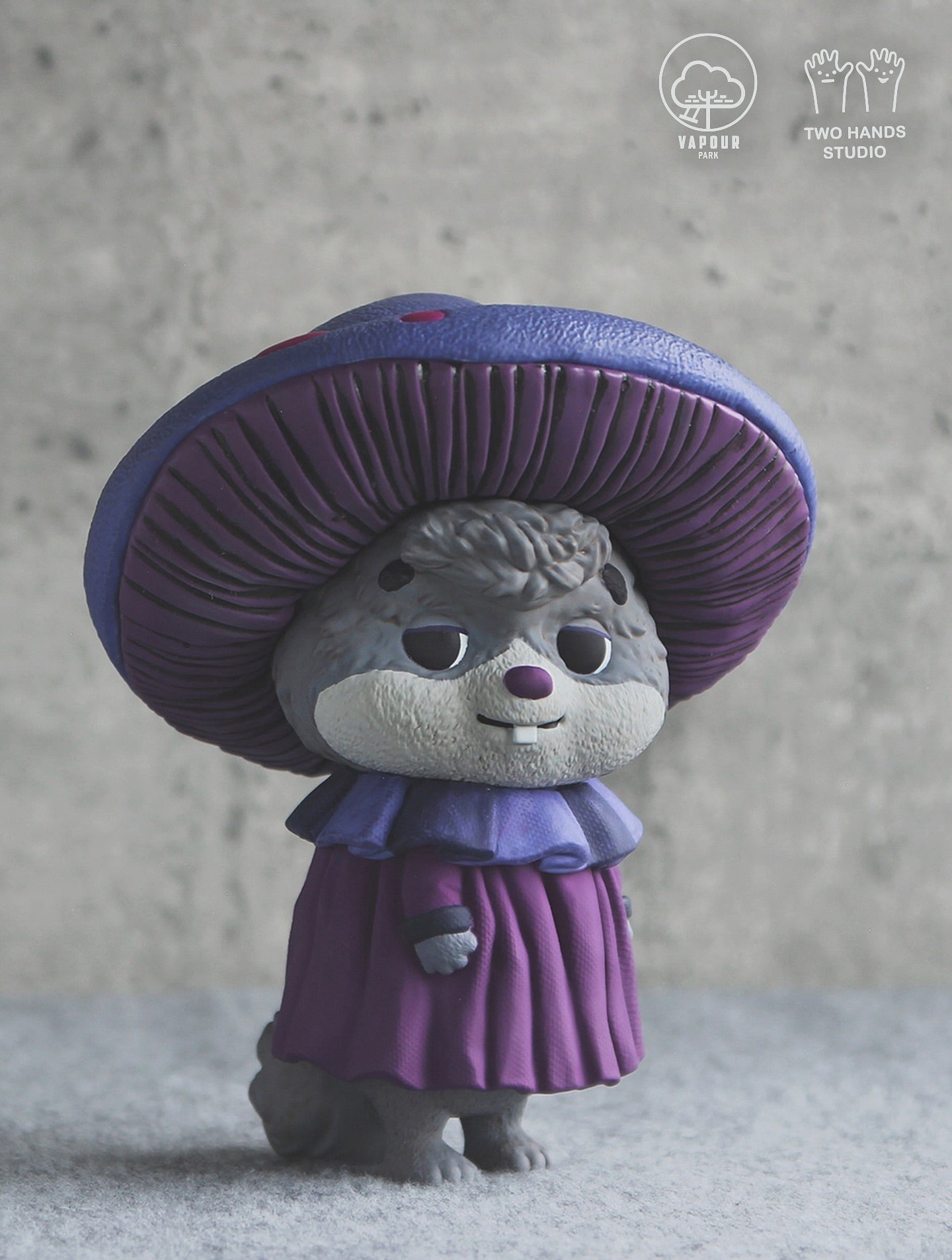 Mushroom Chipmunk Violet Edition by Vapour Park X Two Hands Studio: A collectible 8 vinyl art-toy featuring a rodent in a purple outfit with a mushroom hat. Preorder available.