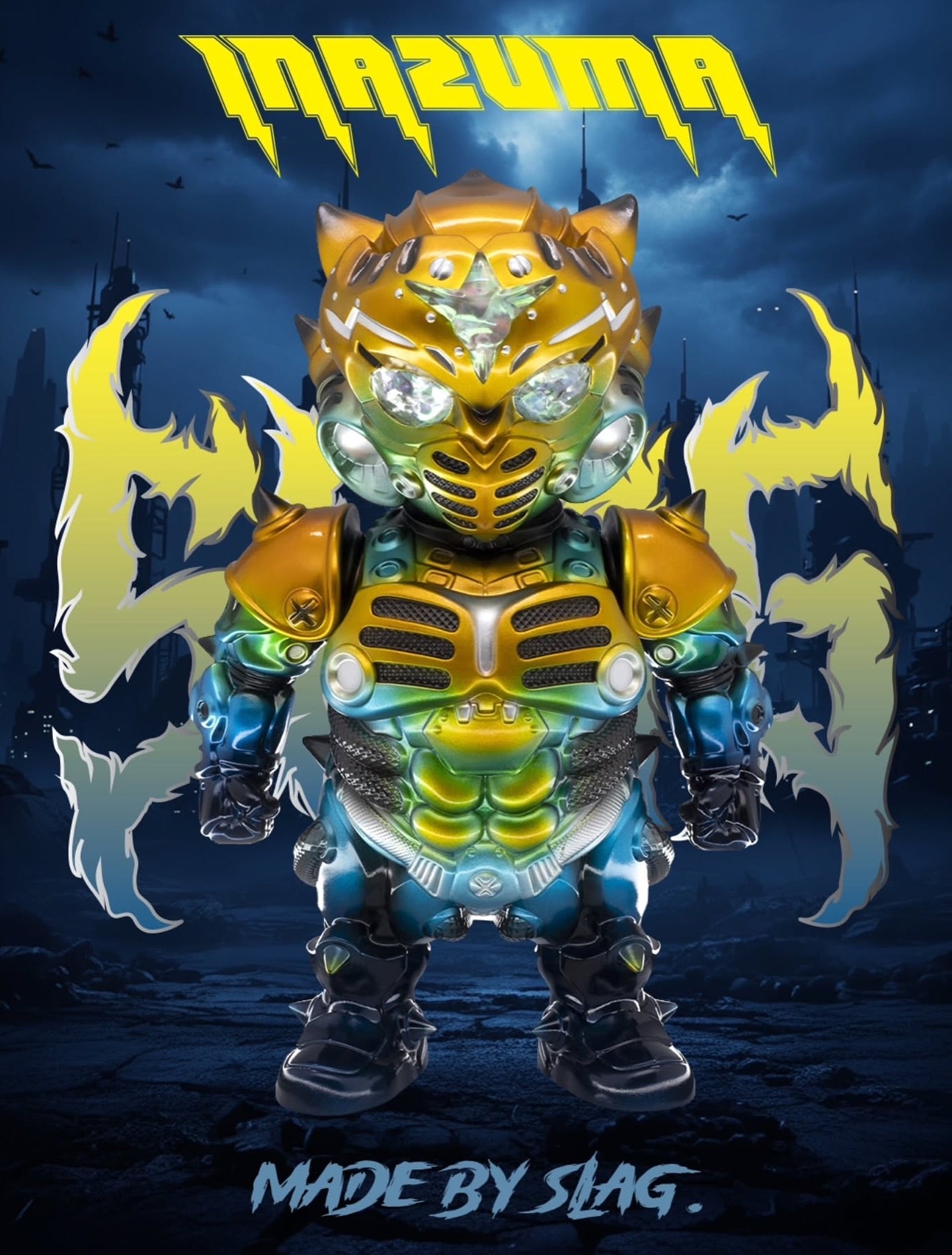 RANAROK - The Legendary FANG Commander: INAZUMA by SLAG, a 12.7cm collectible mech-cat figure, against a futuristic cityscape. Preorder for Q4 2025.