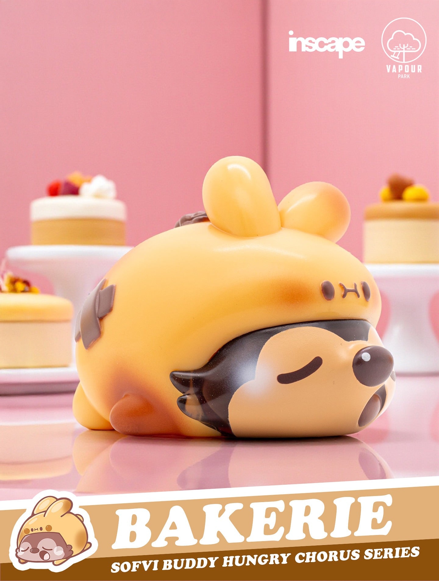Sofvi Buddy Blind Bag by Ngaew X OKluna - Preorder: A chubby pastel-orange critter toy with bunny-ear bun, lying on pink, surrounded by miniature cakes.