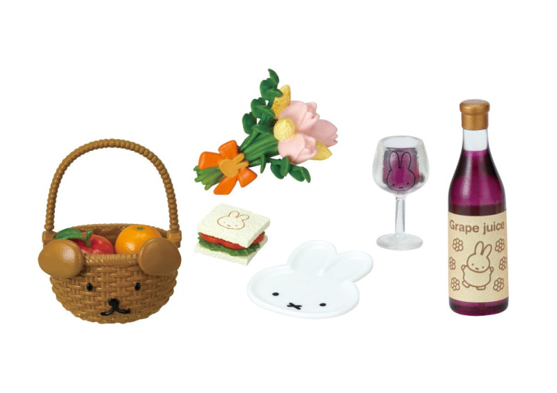 Picnic with Miffy Re-ment Blind Box Series: a close-up of a wine bottle, basket with fruit, and sandwich with a bunny face.