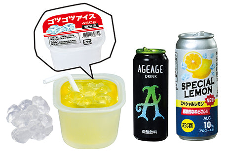 Puchi Sample Light Dinner at a convenience store Re-ment Blind Box Series featuring a lemonade can, drink bottle, and plastic container with straw.