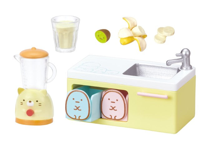 Sumikkogurashi Sweets Cooking Together Re-ment Blind Box Series features a pastel pretend kitchen set with toy blender, glass, fruit pieces, and sink unit.