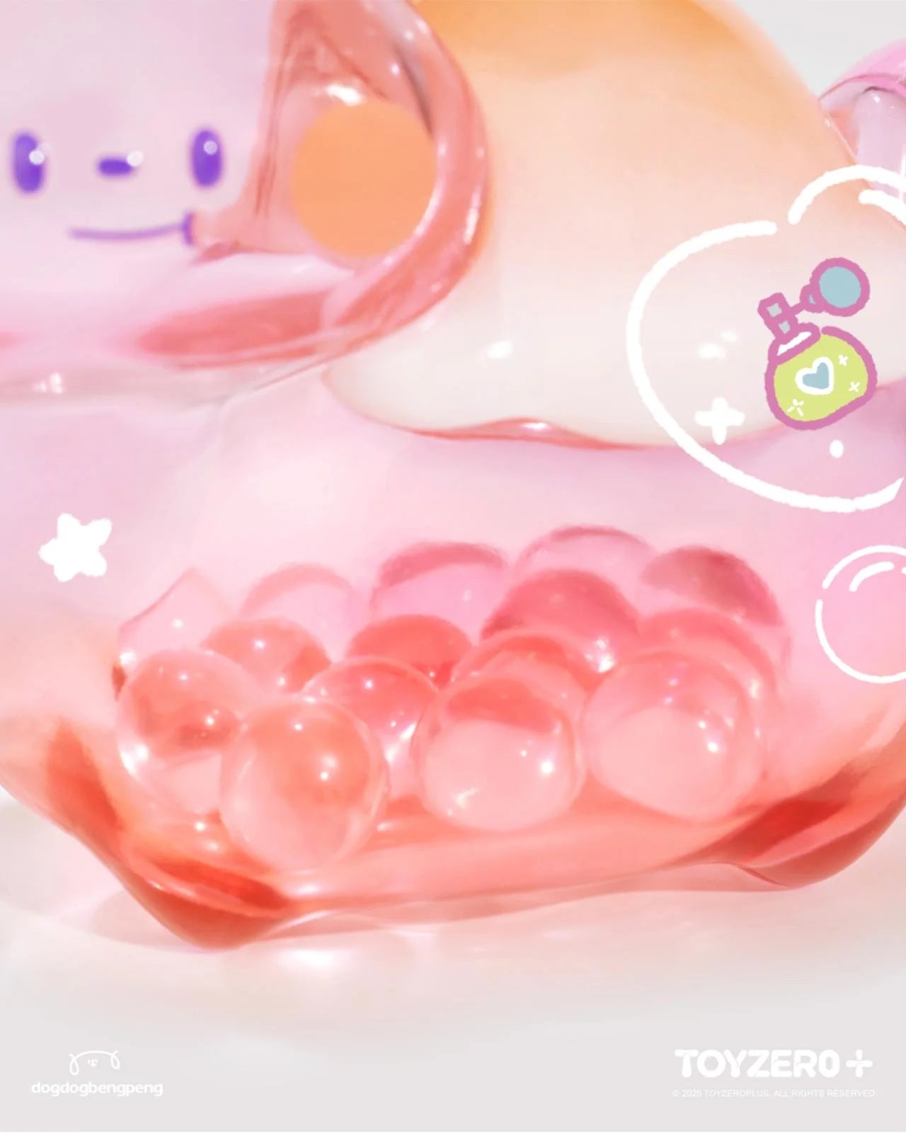 Translucent pastel-pink resin sculpture titled Foodie Dinosaur - Mini Fuji Perfume Bubble, featuring whimsical jelly-like feet atop pearl-like spheres, exuding a dreamy art toy aesthetic.
