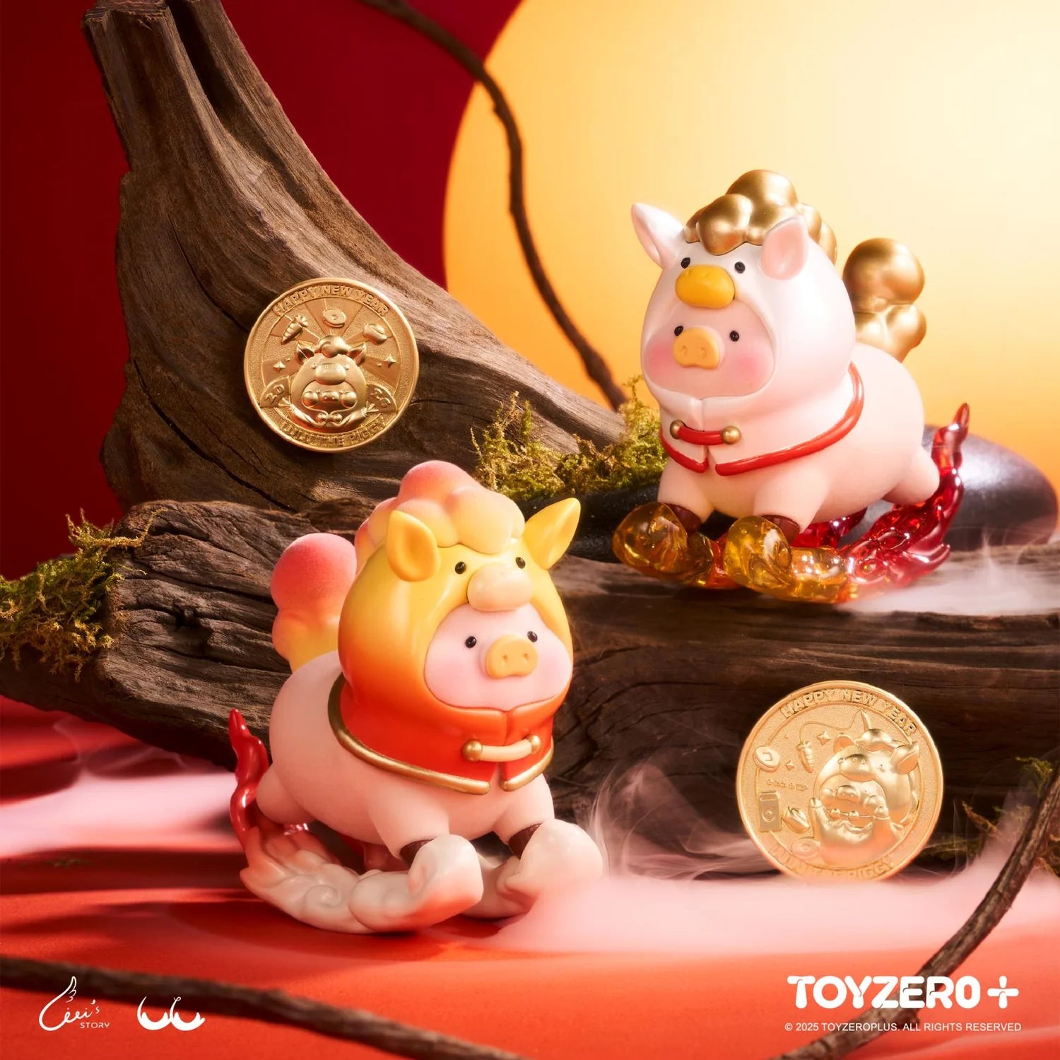 LuLu the Piggy - Spring Pony figurines on cloud bases with festive coins, evoking good fortune; collectible art toys by TOYZERO+ at Strangecat Toys.