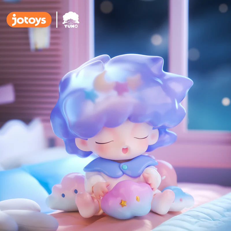 YUMO DREAMCORE ISLAND SERIES vinyl figure of a sleeping child-like character with cloud hair and cushion, set in a dreamy bedroom scene.