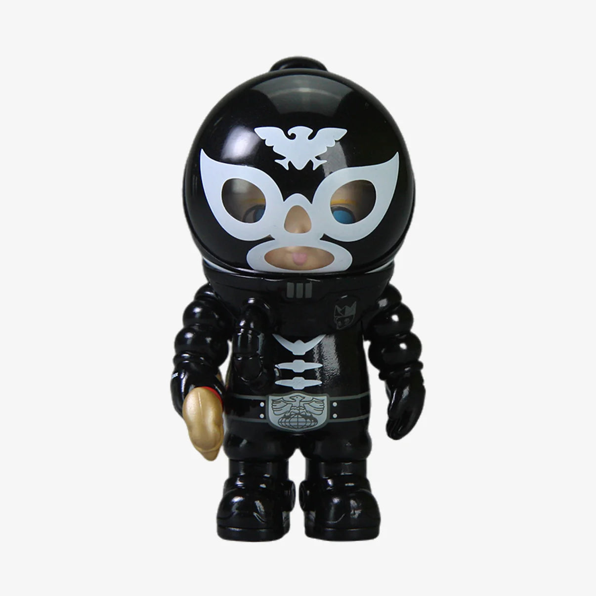 SAMSAM ADVENTURER X KAMEN RIDER BLIND BOX features a glossy black vinyl figurine with white mask details and a gold glove.