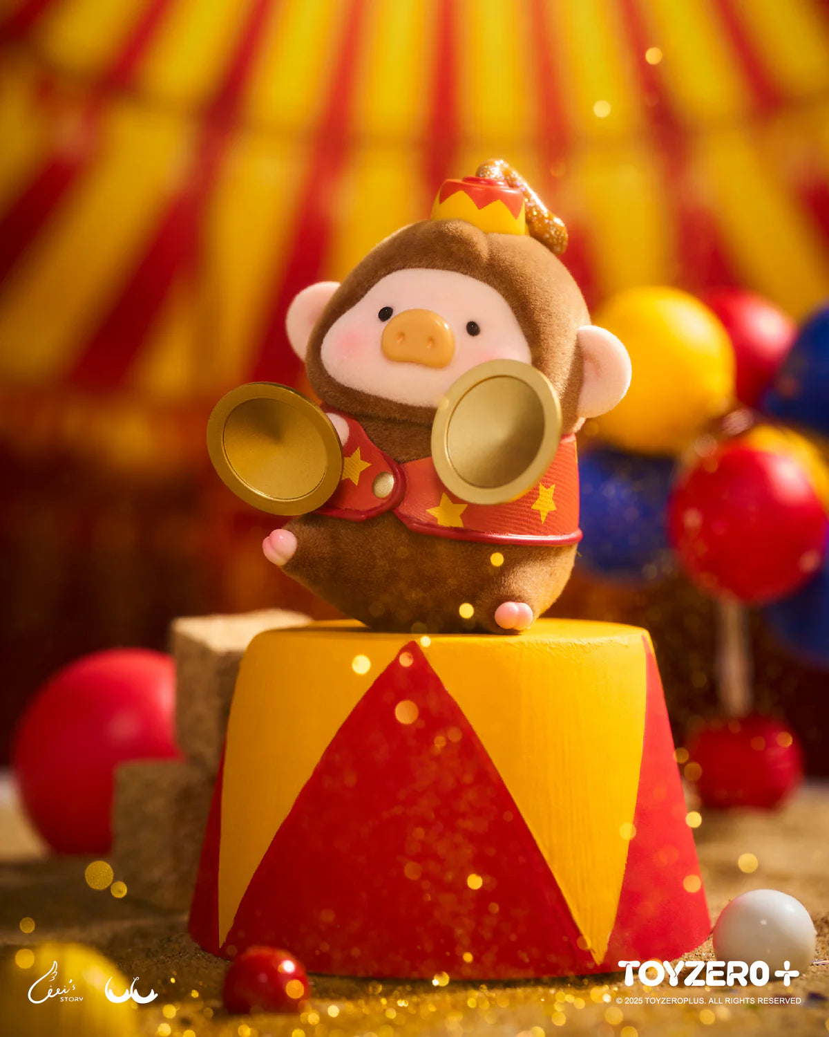 LuLu the Piggy - LuLuLand Series Blind Box: Plush monkey ringmaster with cymbals on circus pedestal, part of Strangecat Toys' collectible art toy range.