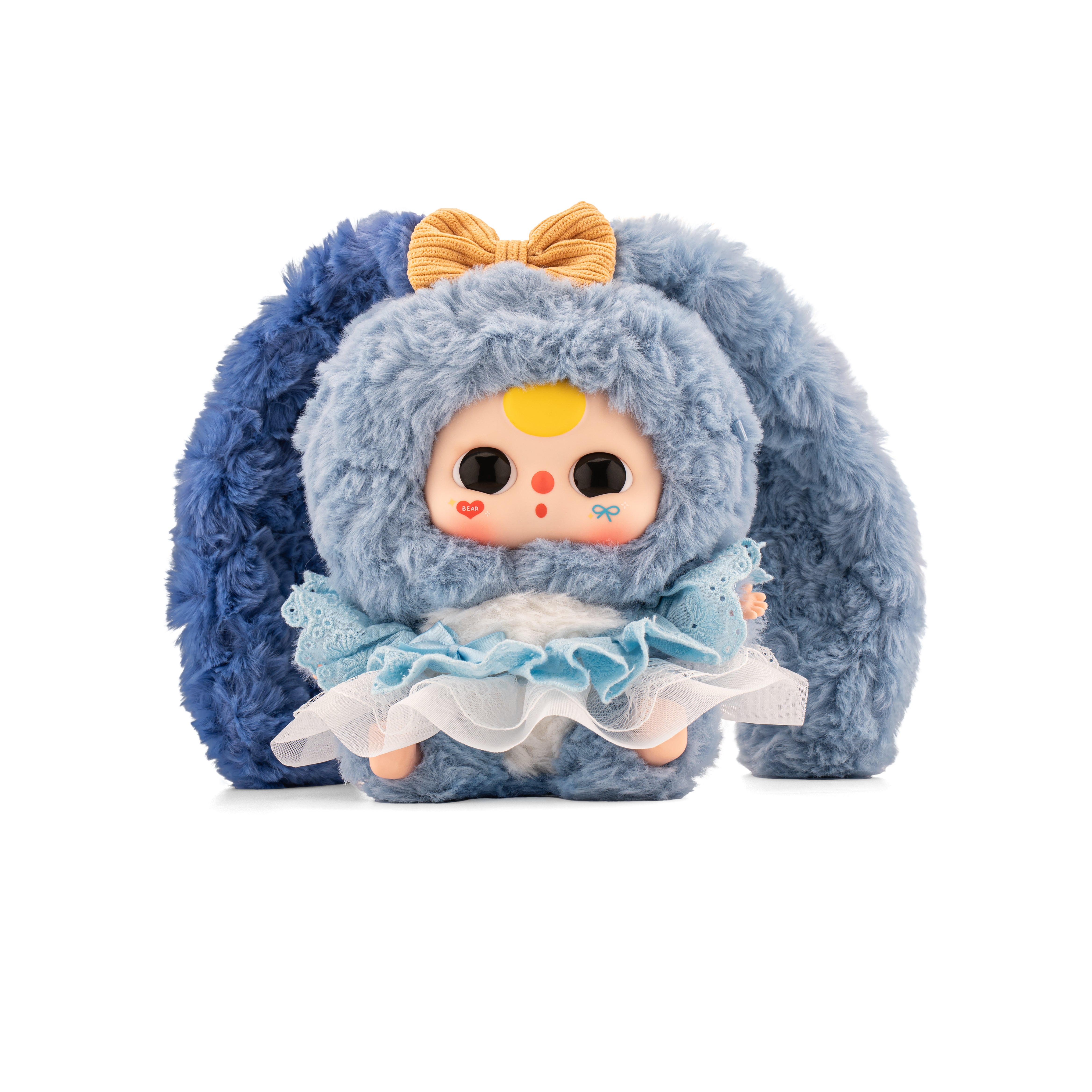 Baby Three - Lily Rabbit Town 4 toy doll in a fluffy bunny costume with droopy ears, a yellow bow, and lace skirt.