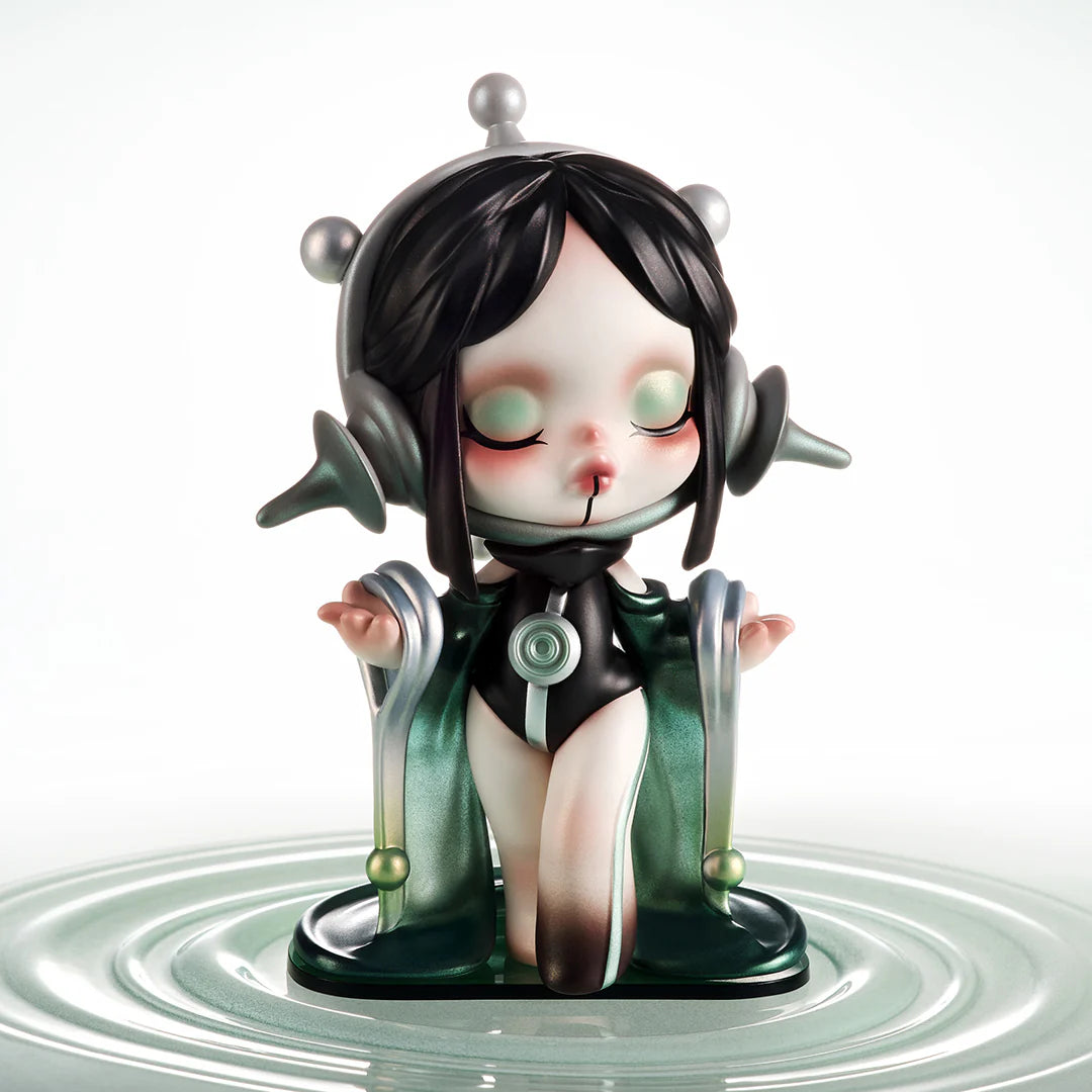 Statue of SKULLPANDA cartoon character from The Sound Blind Box Series, featuring 12 regular designs and 1 secret.