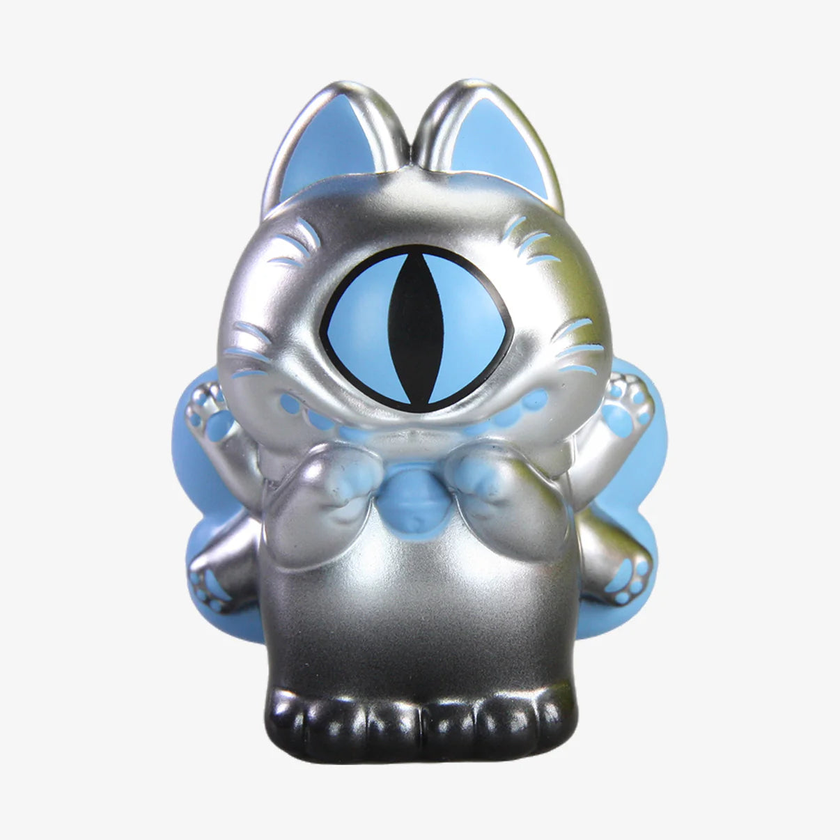 GRAPE BRAIN x ABAO BLINDBOX (SILVER AND BLUE) features a cat-like vinyl toy with a singular eye, metallic finish, and blue accents.
