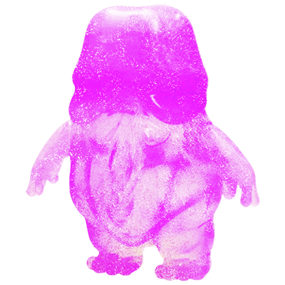 ATC Kaiki Risa Soft Vinyl Series Nuppeppo Gacha: A small, plush toy with sparkly purple-pink overlay, featuring floppy ears and a fuzzy, stylized design.