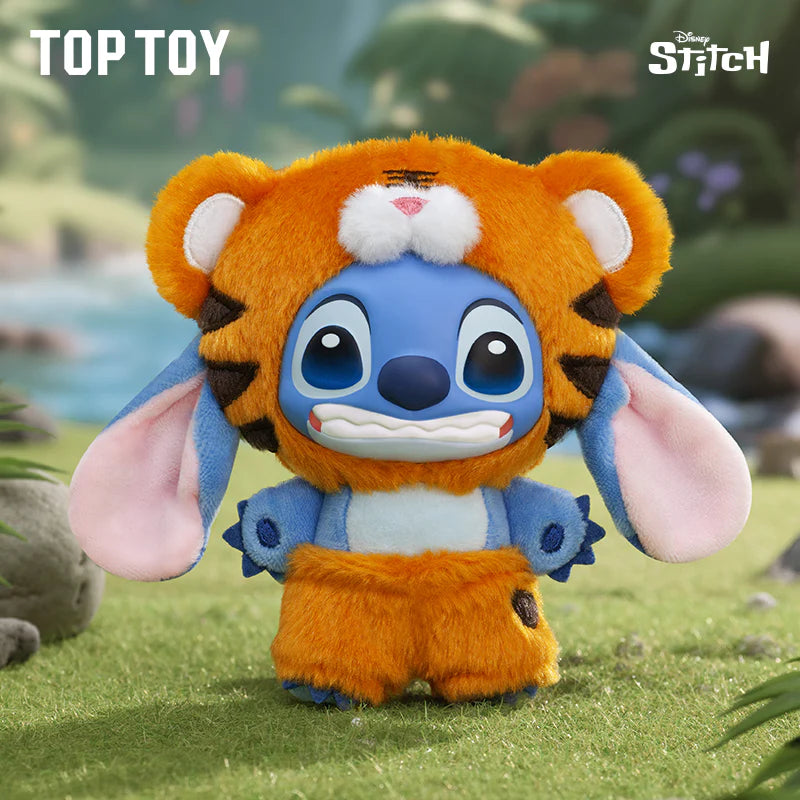 Stitch in a tiger costume plush, part of the Stitch Wild Animal Series Plush Blind Box, available for preorder at Strangecat Toys.