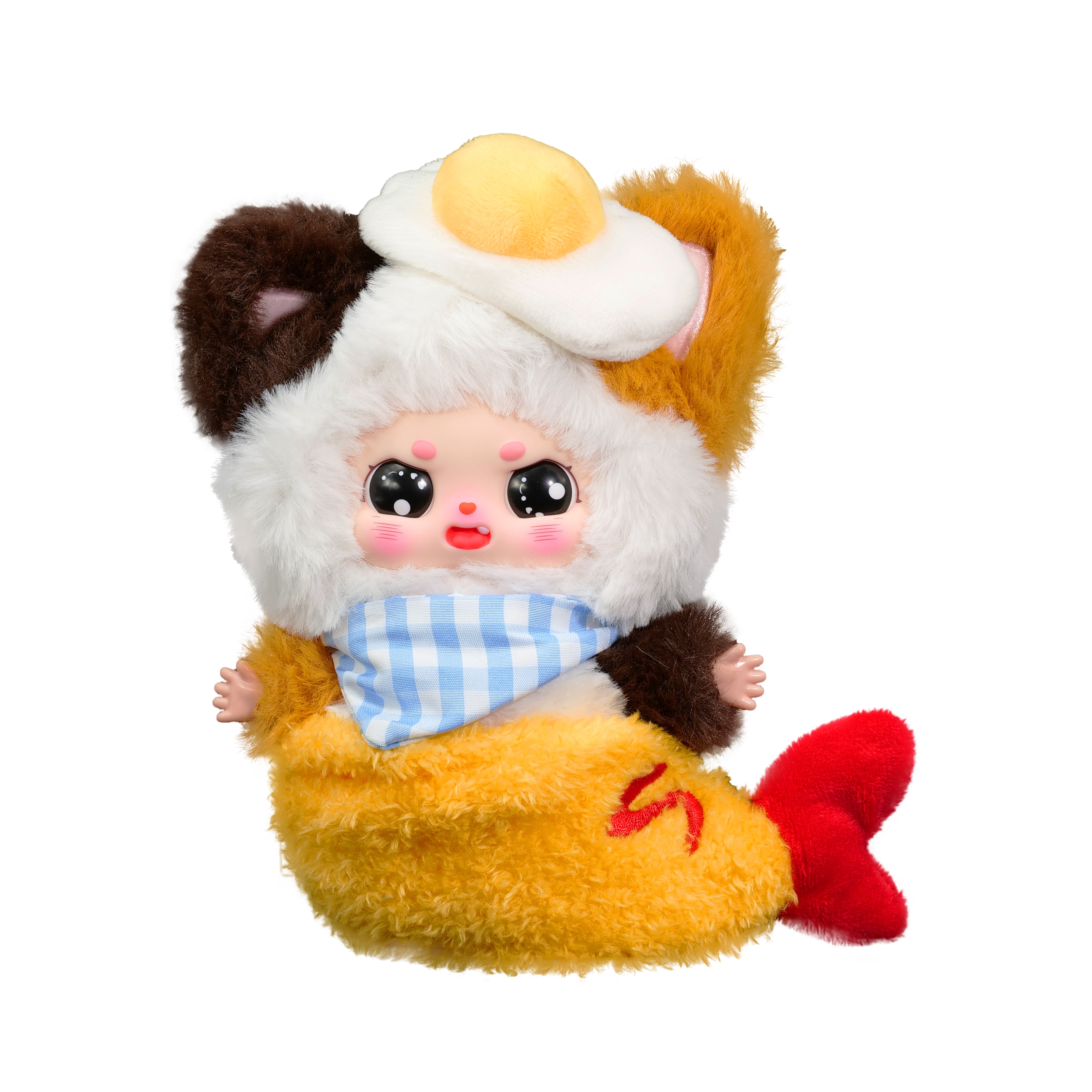 Baby Three - Little Fatty plush doll in animal hood with fried-egg hat, gingham bandana, and shrimp-like tail. Preorder for October 2025 shipment.