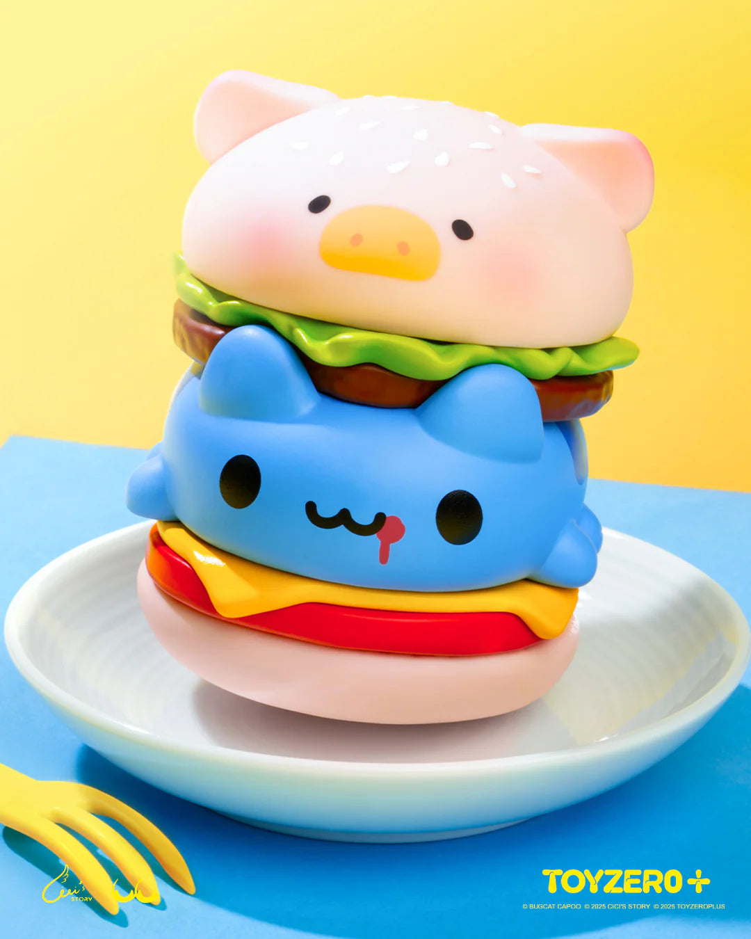 LuLu the Piggy x Capoo - LuLuBurger vinyl figure, features a unique burger stack design with detachable layers, displayed on a plate with branding visible.