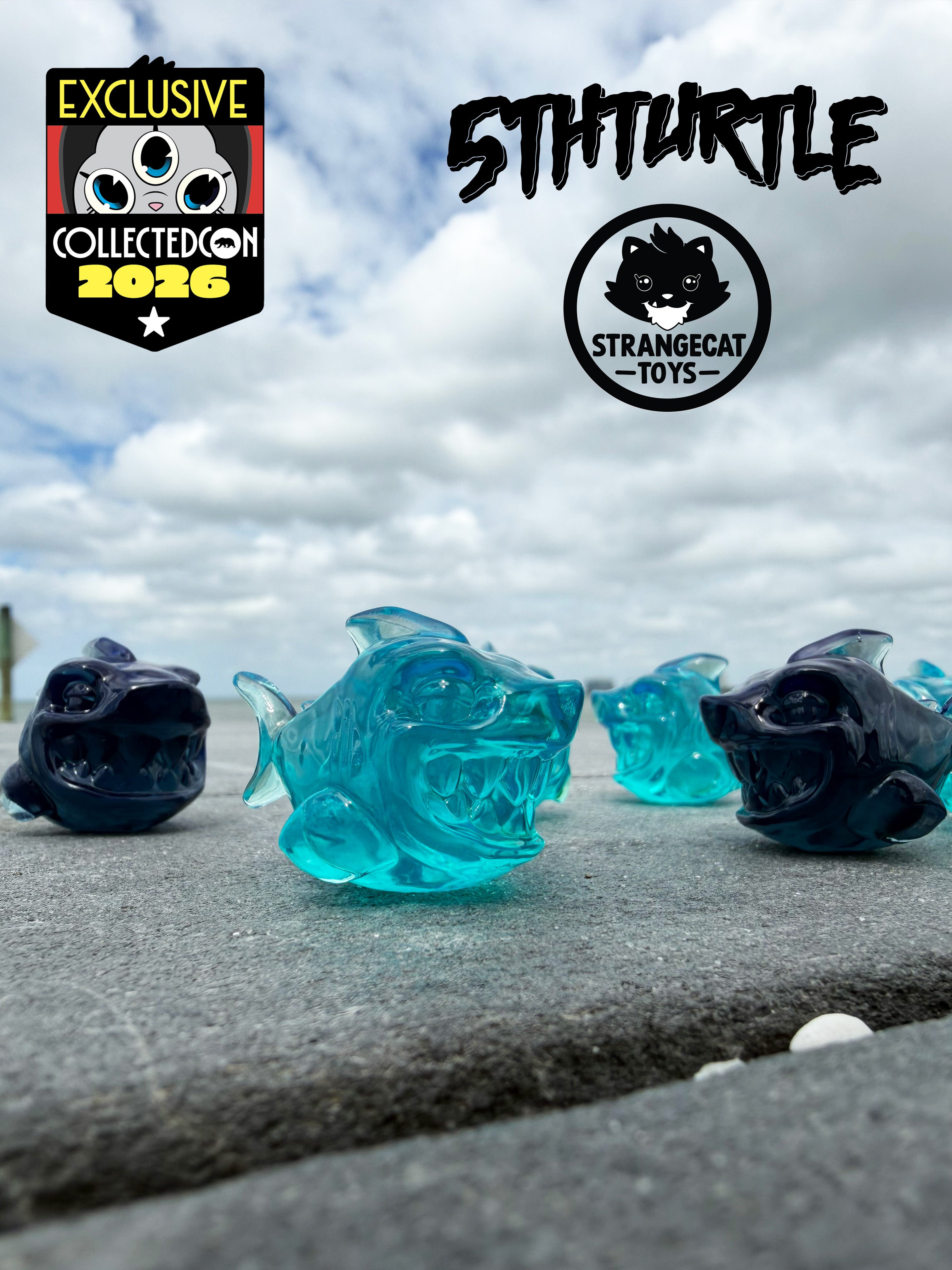 Krash Bites by 5th Turtle: Two-inch resin shark figurines, exclusive collectibles for CollectedCon 2026, displayed on a ledge with event graphics.