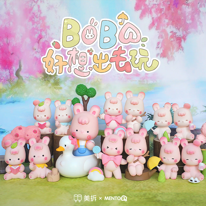 BOBO Outdoor Life Blind Box Series: A group of toy animals with various accessories and treats.